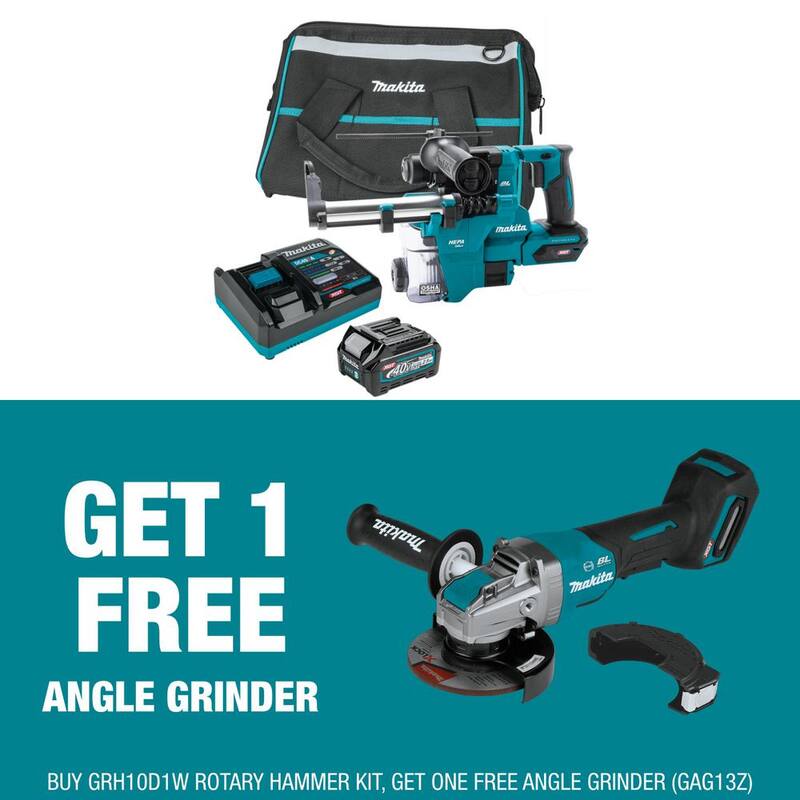 Martillo rotativo Makita 40V max XGT Brushless de 13/16 pulgadas con kit de extractor, AFT (2.5Ah) con bono de amoladora de ángulo XGT Brushless de 5 pulgadas - GRH10D1W-GAG13Z