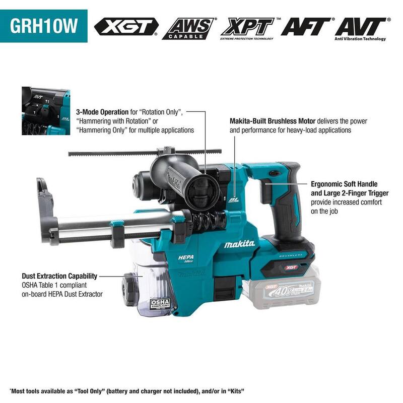 Martillo rotativo Makita 40V max XGT Brushless de 13/16 pulgadas con kit de extractor, AFT (2.5Ah) con bono de amoladora de ángulo XGT Brushless de 5 pulgadas - GRH10D1W-GAG13Z