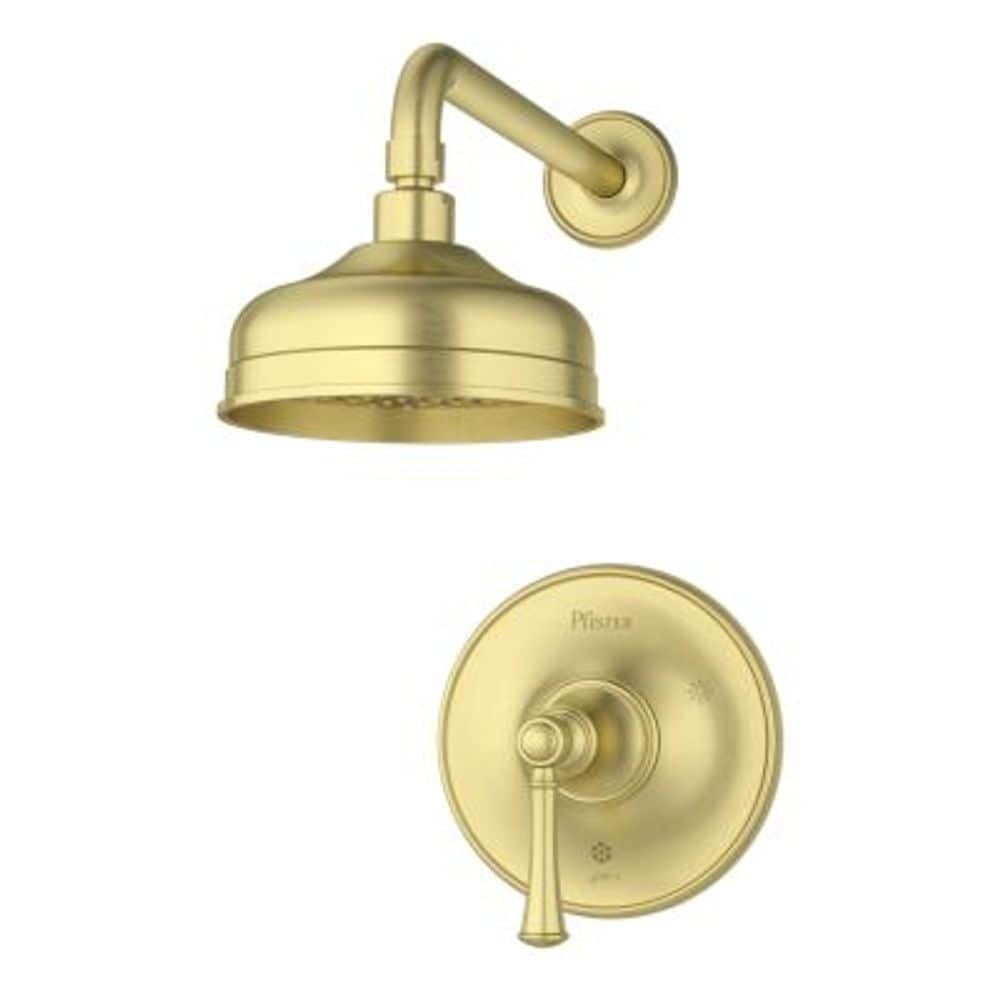 Mezcladora de regadera redonda de una manija de función única en oro cepillado Tisbury de Pfister 6.1875 pulgadas