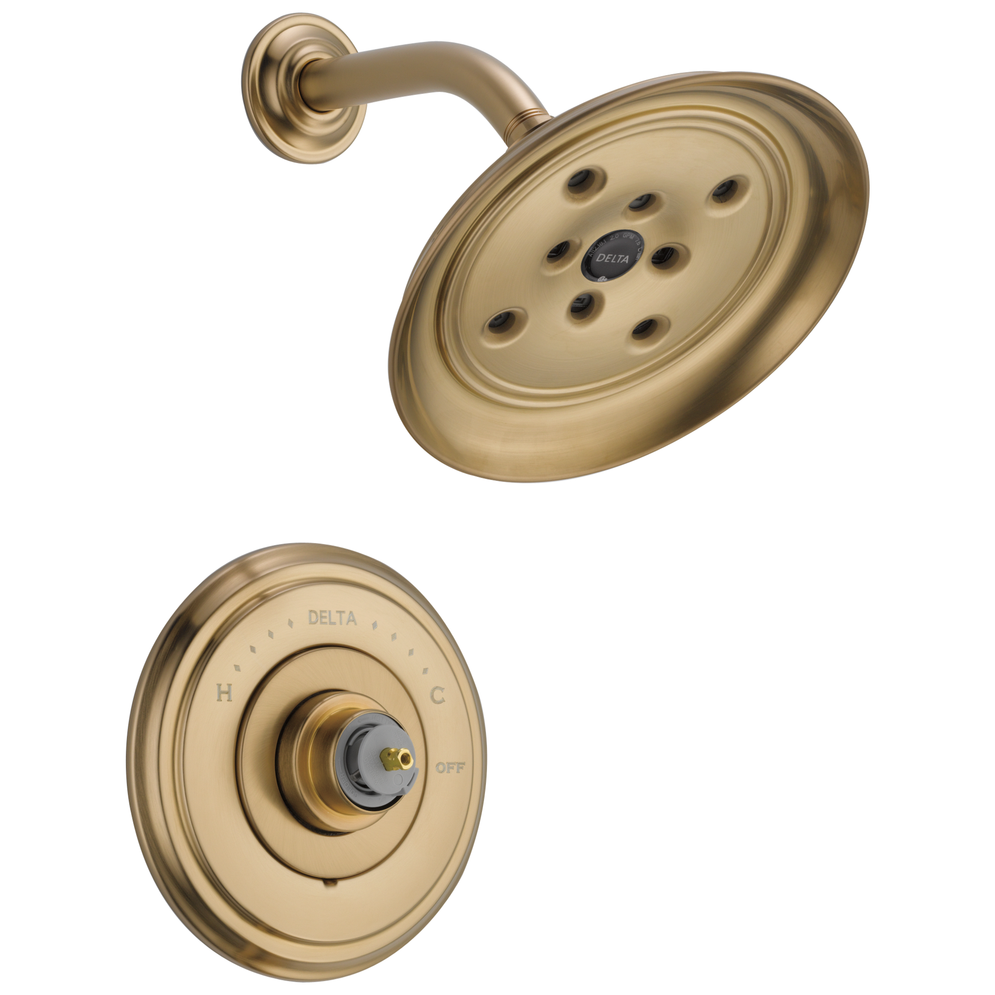 Grifo de ducha redondo de 7.875 pulgadas, función individual, en bronce con acabado de Champagne Delta Cassidy. Se vende por separado.