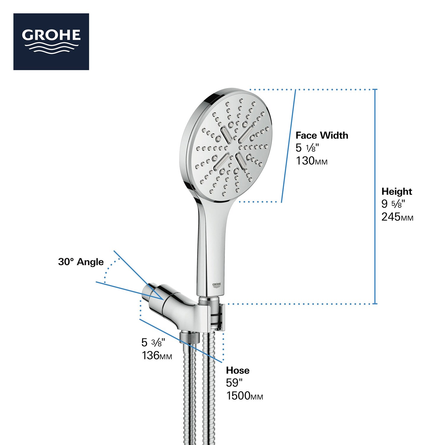 Regadera de mano con un mango en níquel cepillado de 5.13 pulgadas de diámetro - GROHE Rainshower 26604EN0