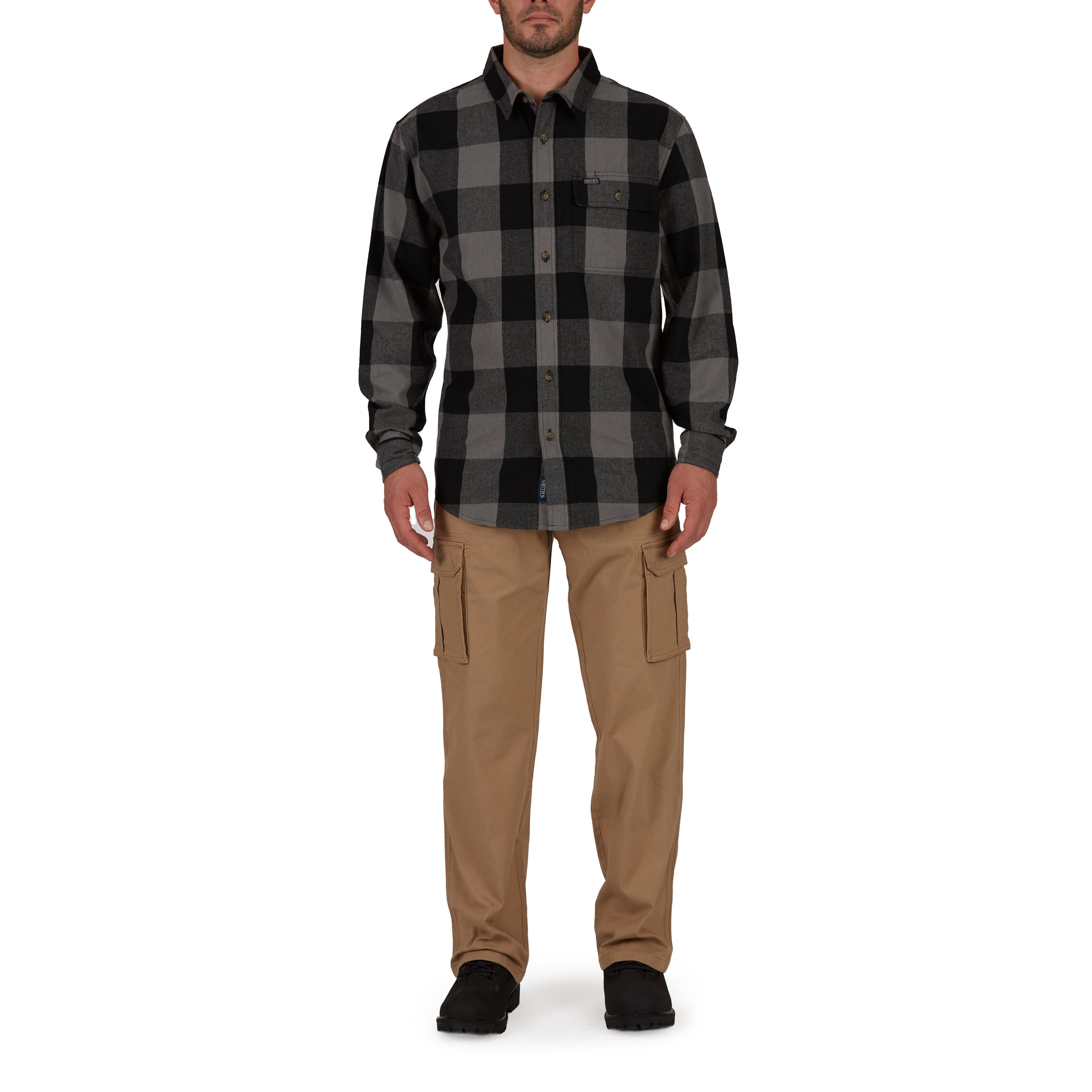 Camisa de botones a cuadros de manga larga en gris para hombre de Smith's Workwear (Grande)
