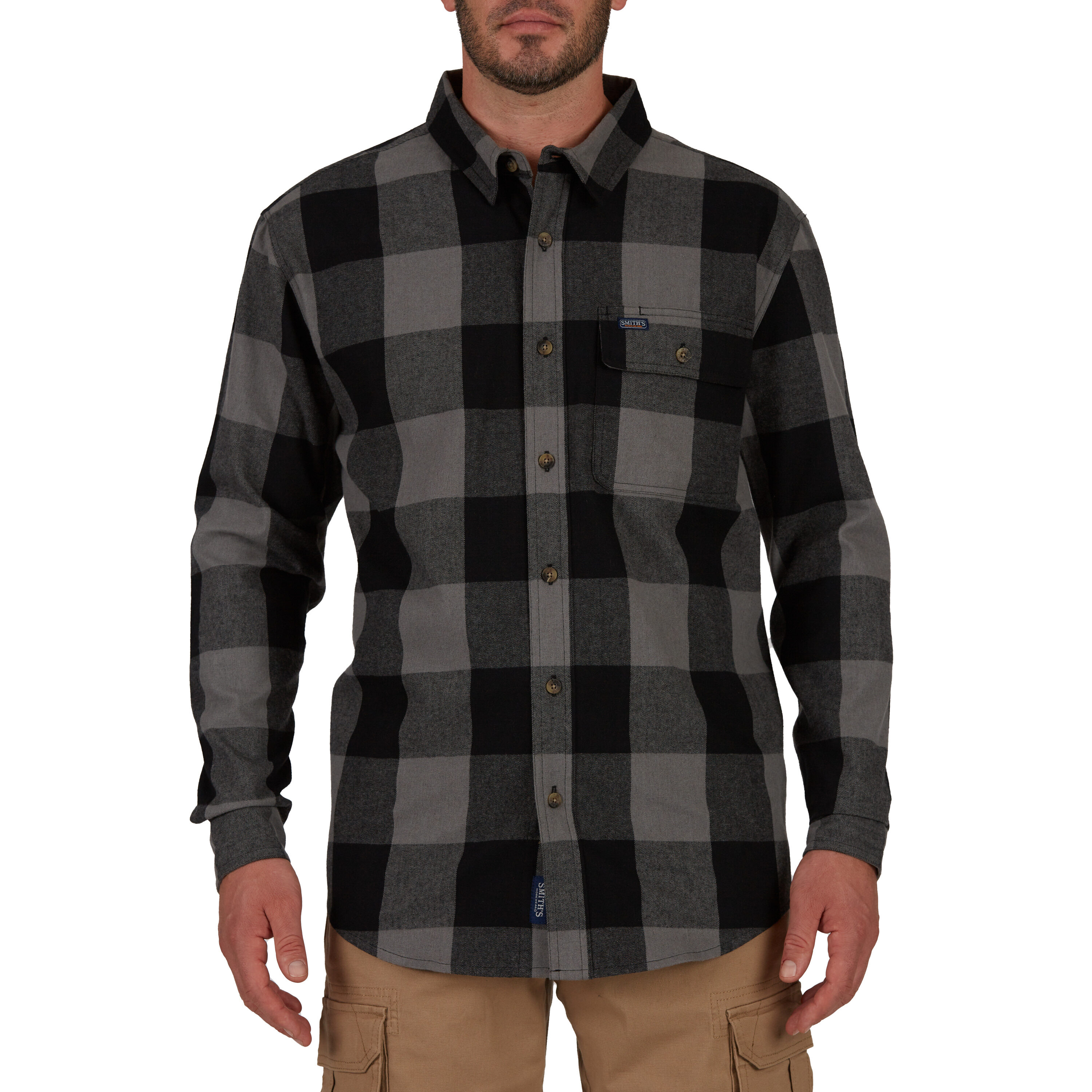 Camisa de botones a cuadros de manga larga en gris para hombre de Smith's Workwear (Grande)