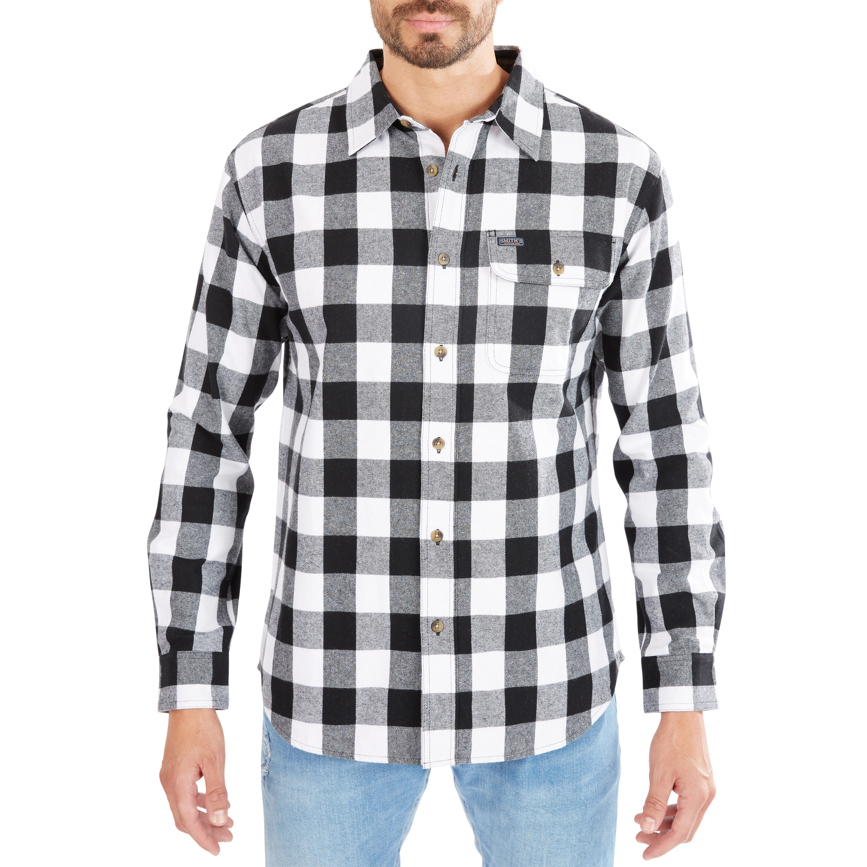 Playera de botones de manga larga a cuadros en blanco para hombre de Smith's Workwear (Grande)