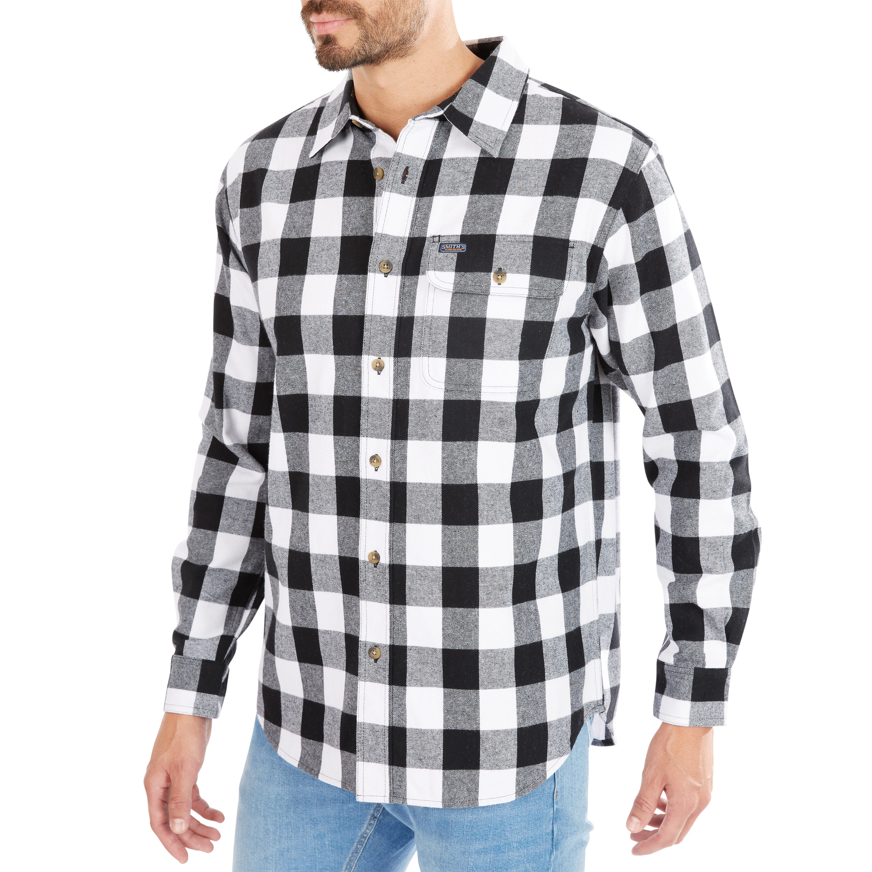 Playera de botones de manga larga a cuadros en blanco para hombre de Smith's Workwear (Grande)
