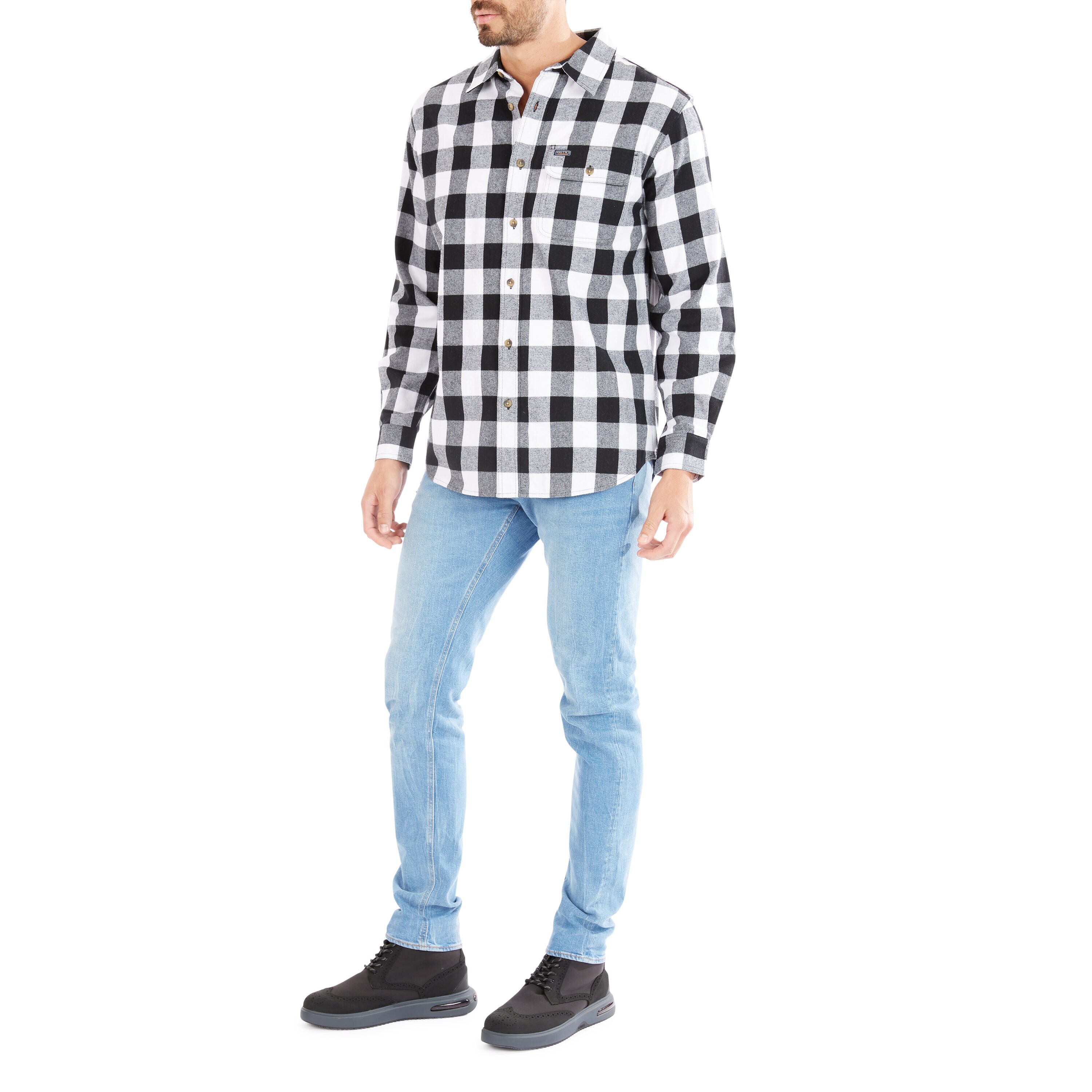 Playera de botones de manga larga a cuadros en blanco para hombre de Smith's Workwear (Grande)