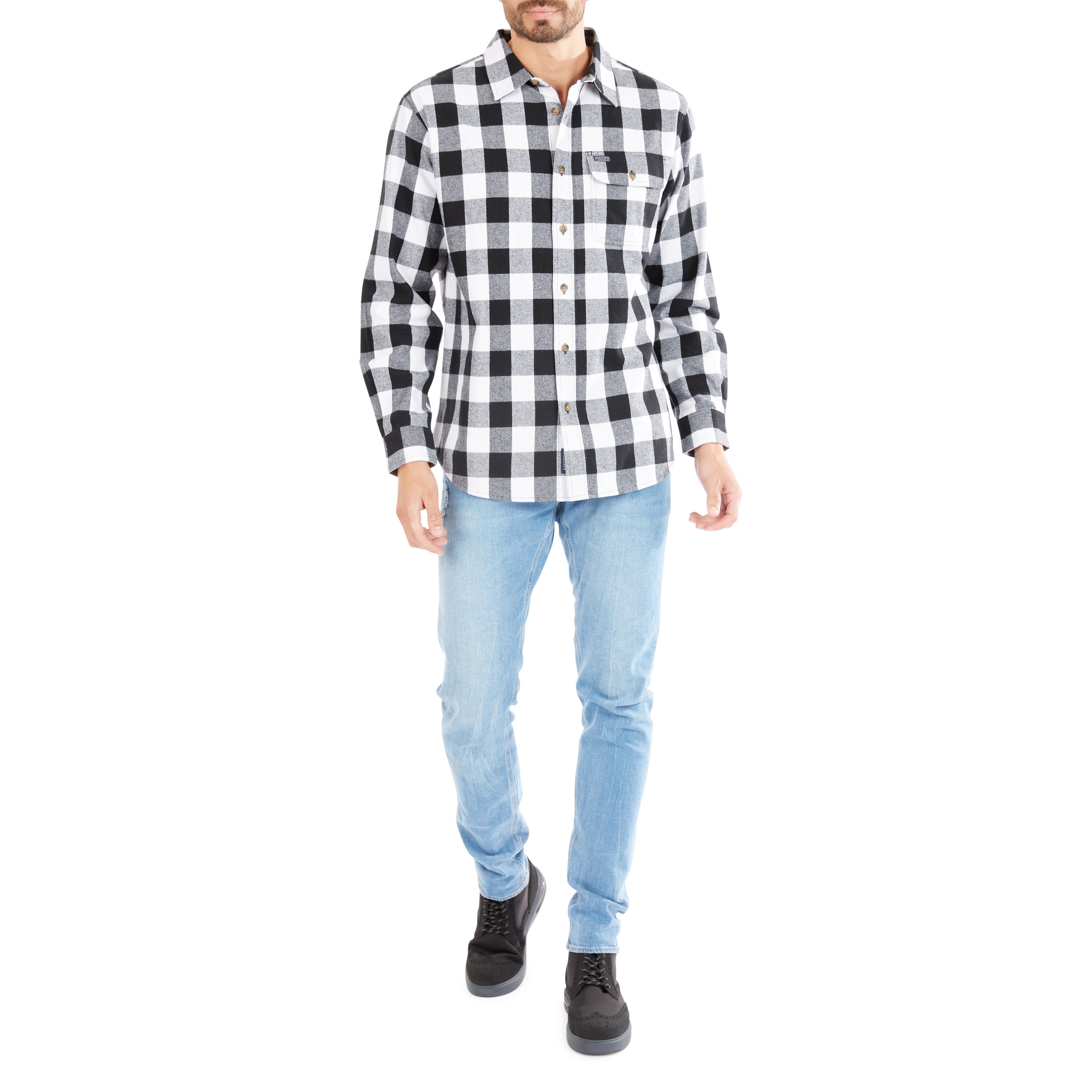 Playera de botones de manga larga a cuadros en blanco para hombre de Smith's Workwear (Grande)