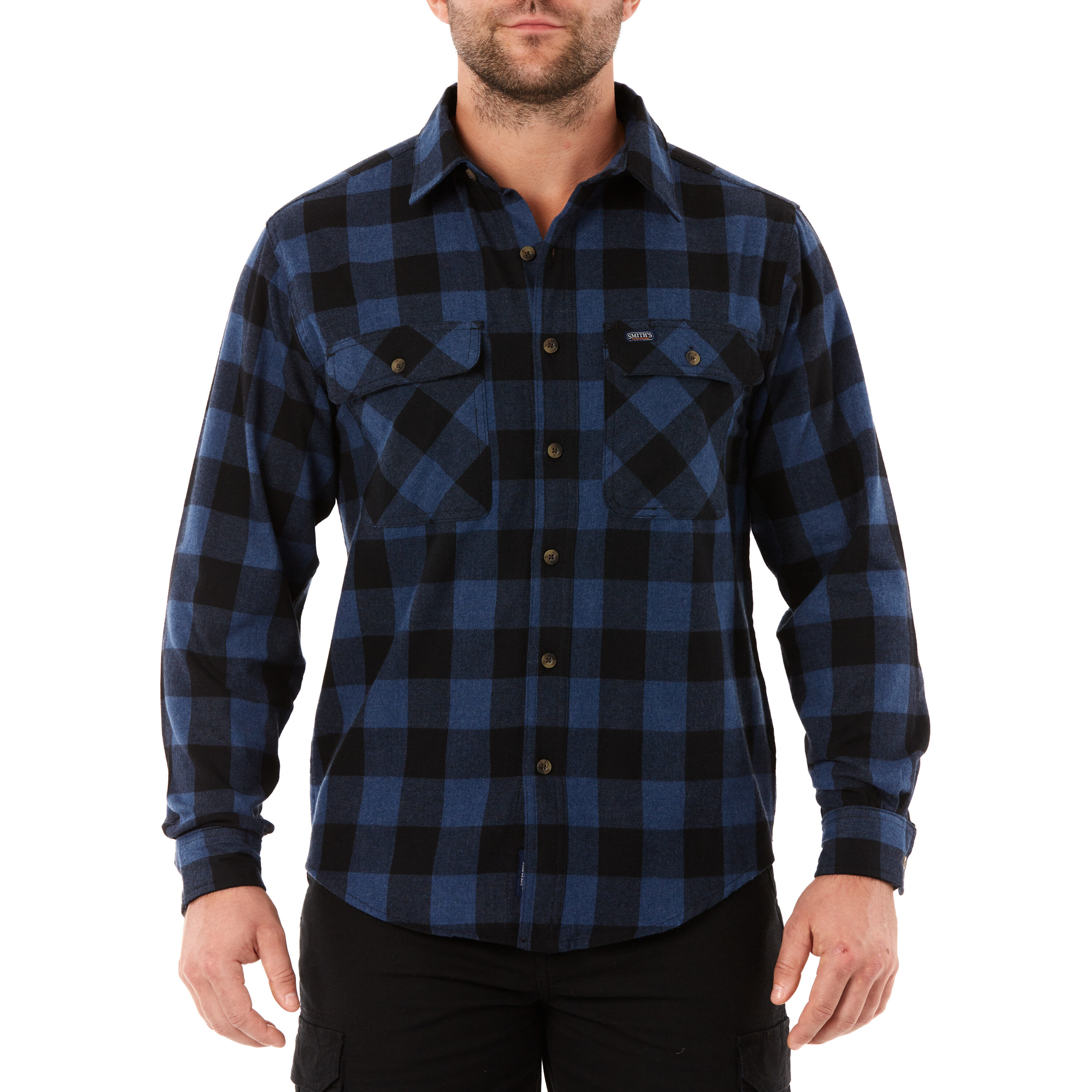 Camisa de botones de manga larga en cuadros azules tejidos para hombre de Smith's Workwear (Mediana)