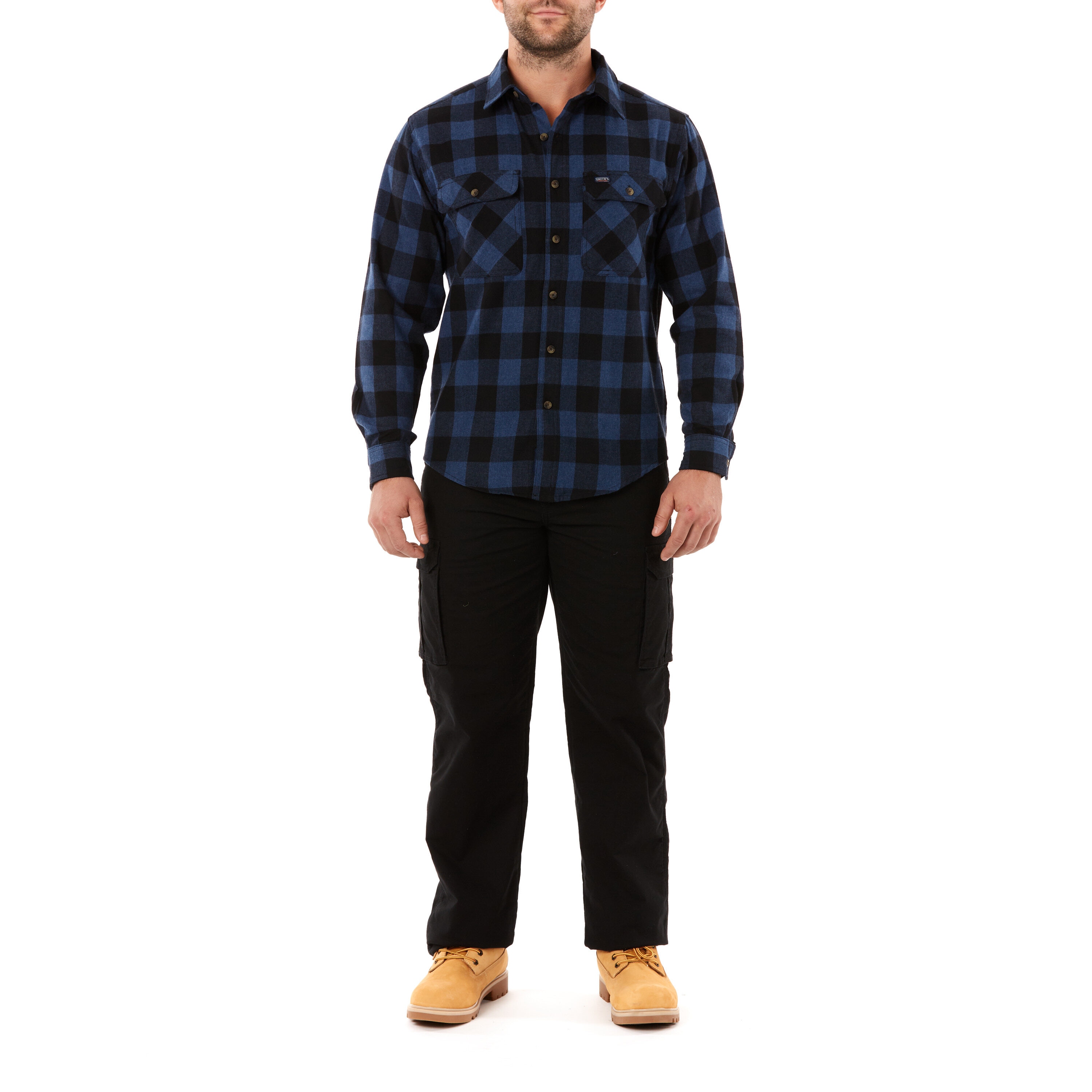 Camisa de botones de manga larga en cuadros azules tejidos para hombre de Smith's Workwear (Mediana)