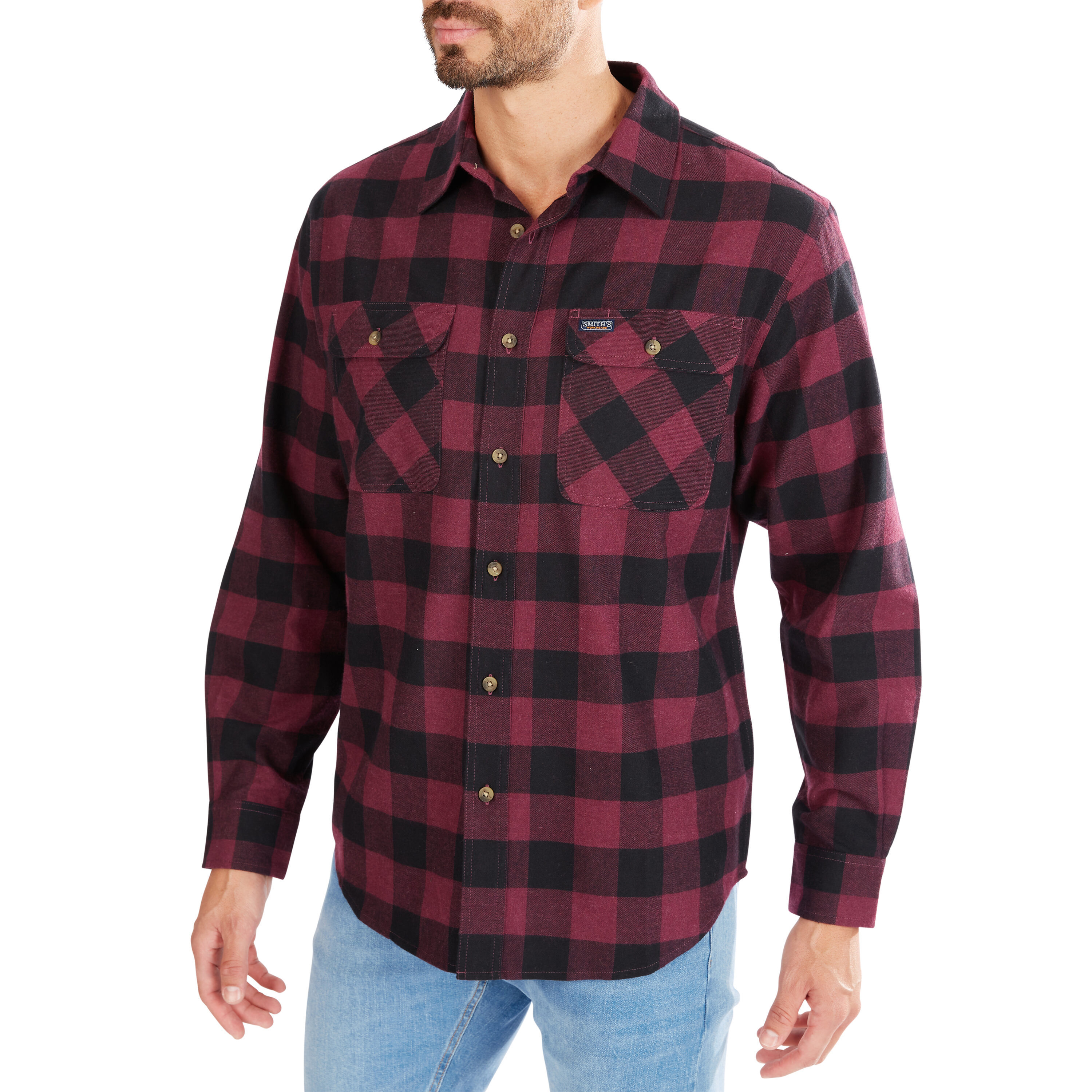 Camisa de botones de manga larga a cuadros en morado tejida para hombres de Smith's Workwear (talla mediana)