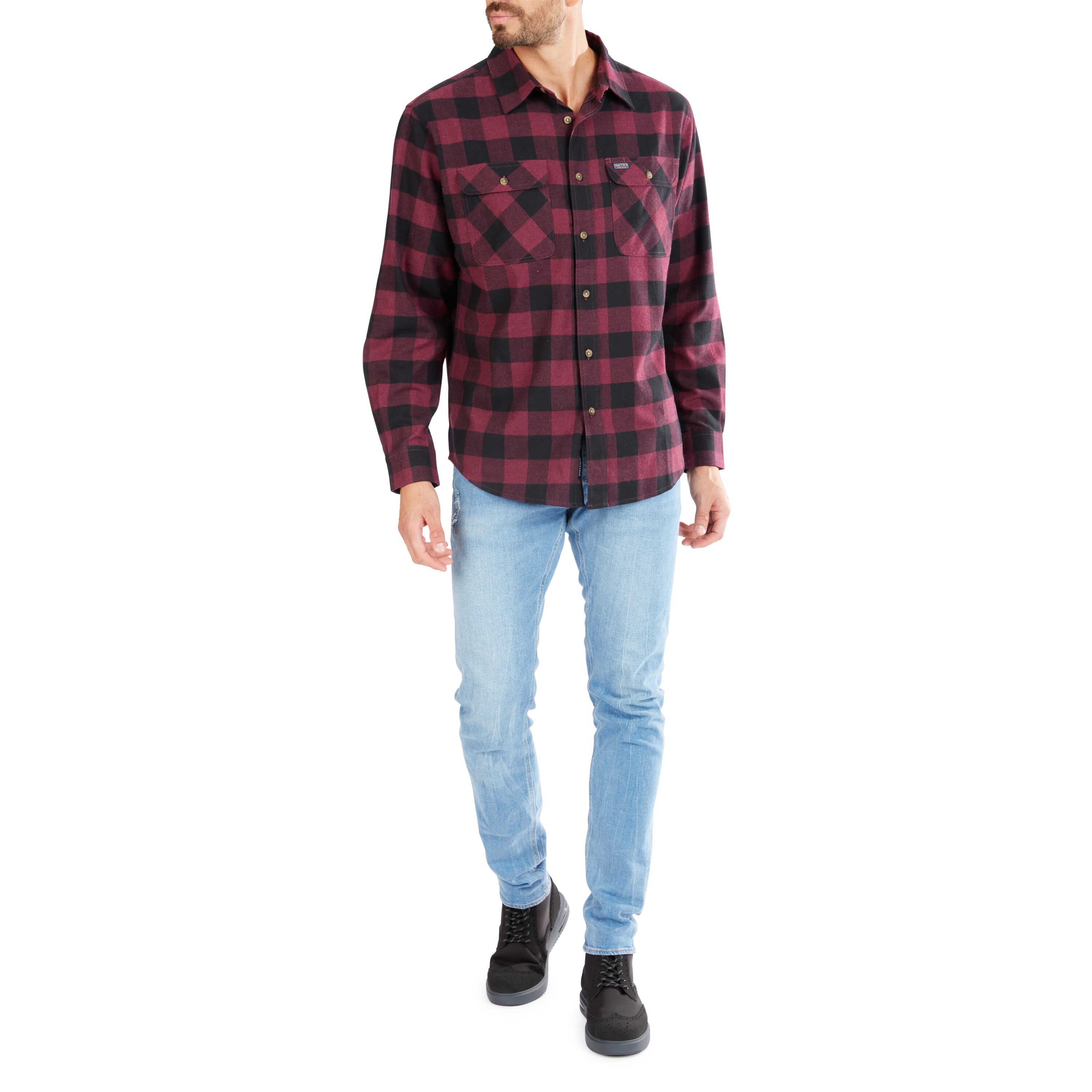 Camisa de botones de manga larga a cuadros en morado tejida para hombres de Smith's Workwear (talla mediana)