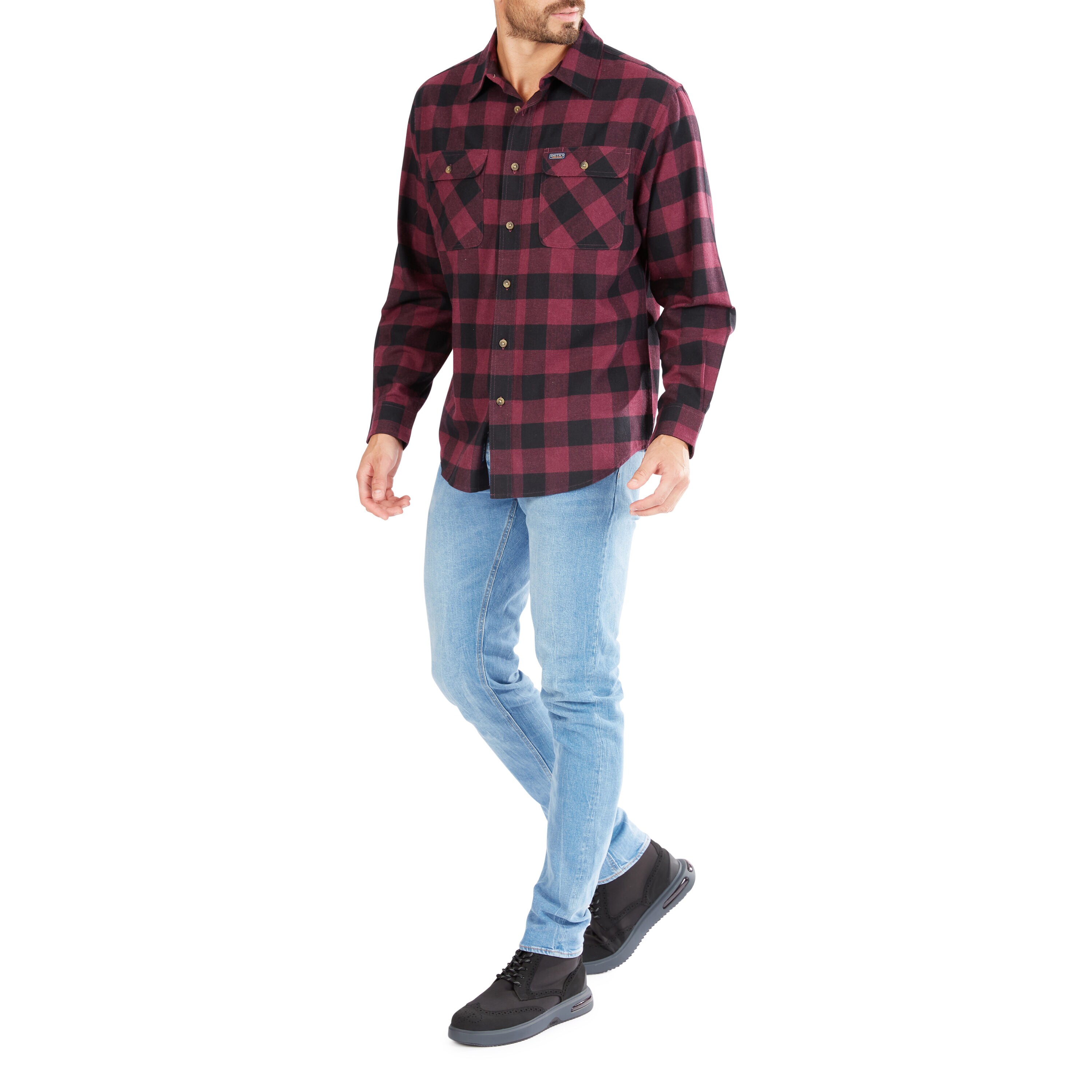 Camisa de botones de manga larga a cuadros en morado tejida para hombres de Smith's Workwear (talla mediana)