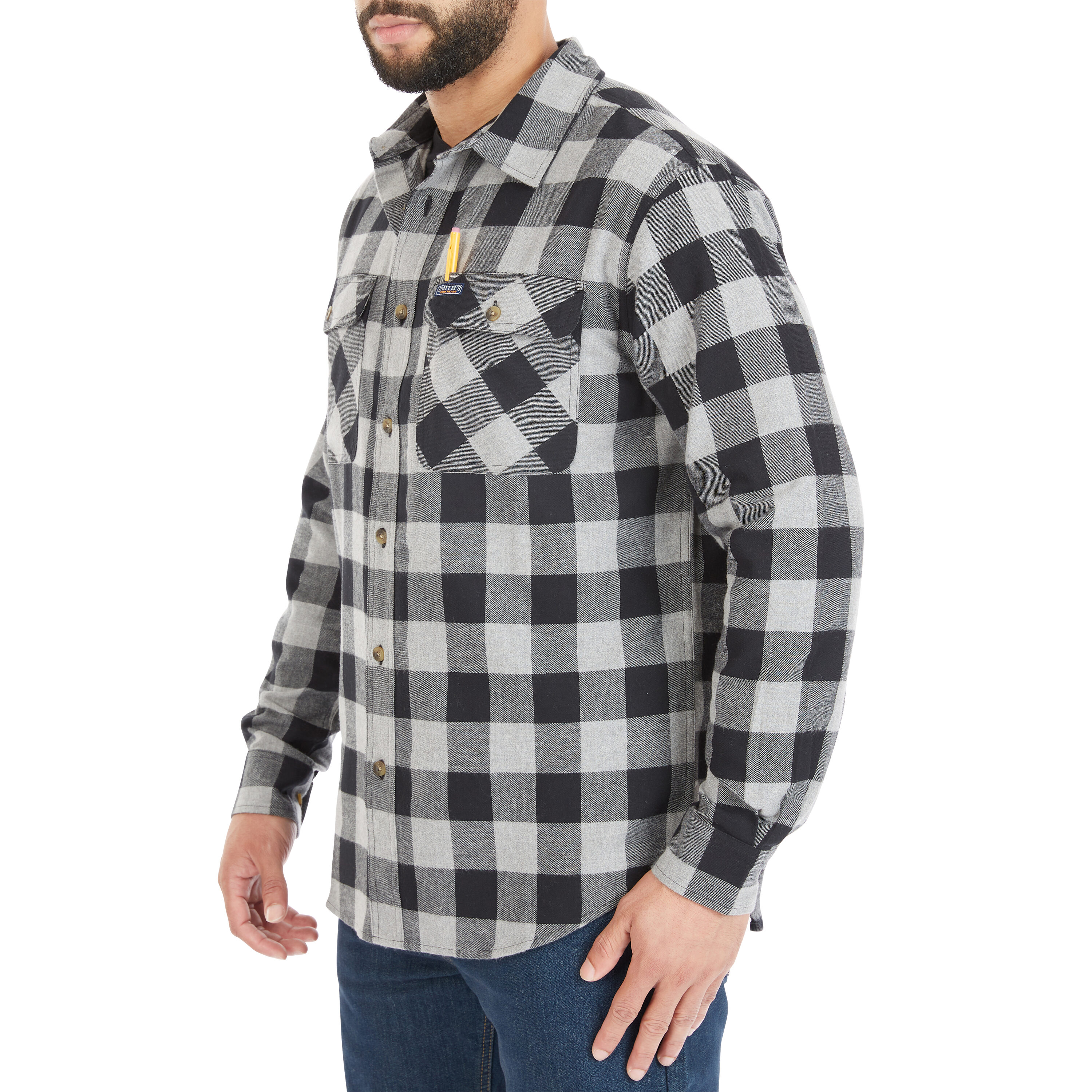 Camisa de botones a cuadros de manga larga gris tejida para hombre de Smith's Workwear (Mediana)
