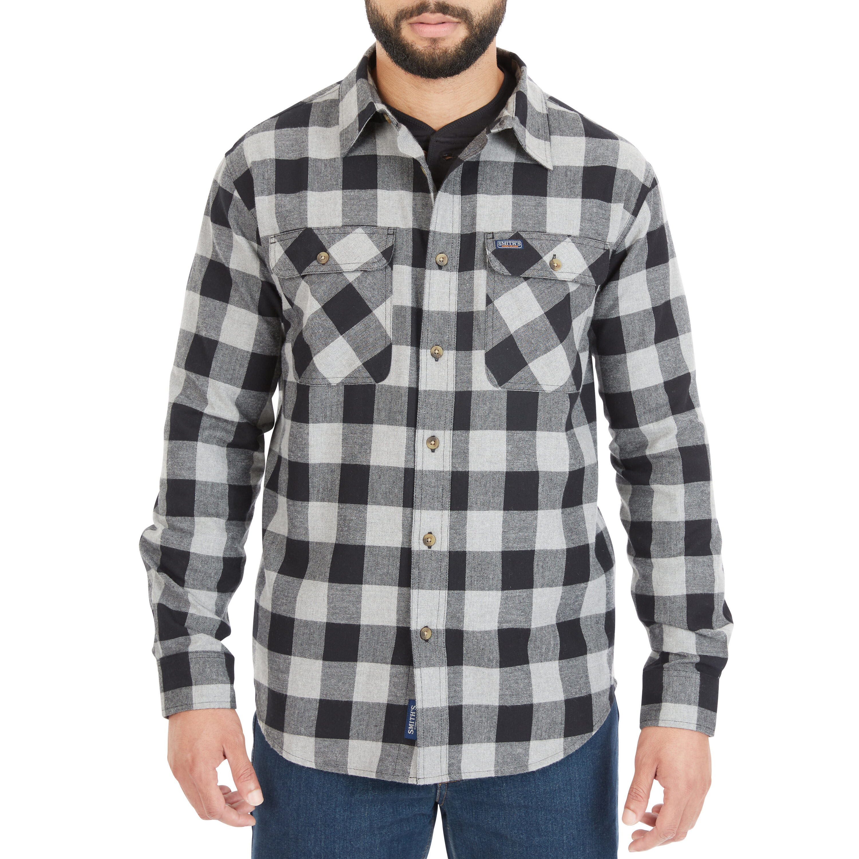 Camisa de botones a cuadros de manga larga gris tejida para hombre de Smith's Workwear (Mediana)