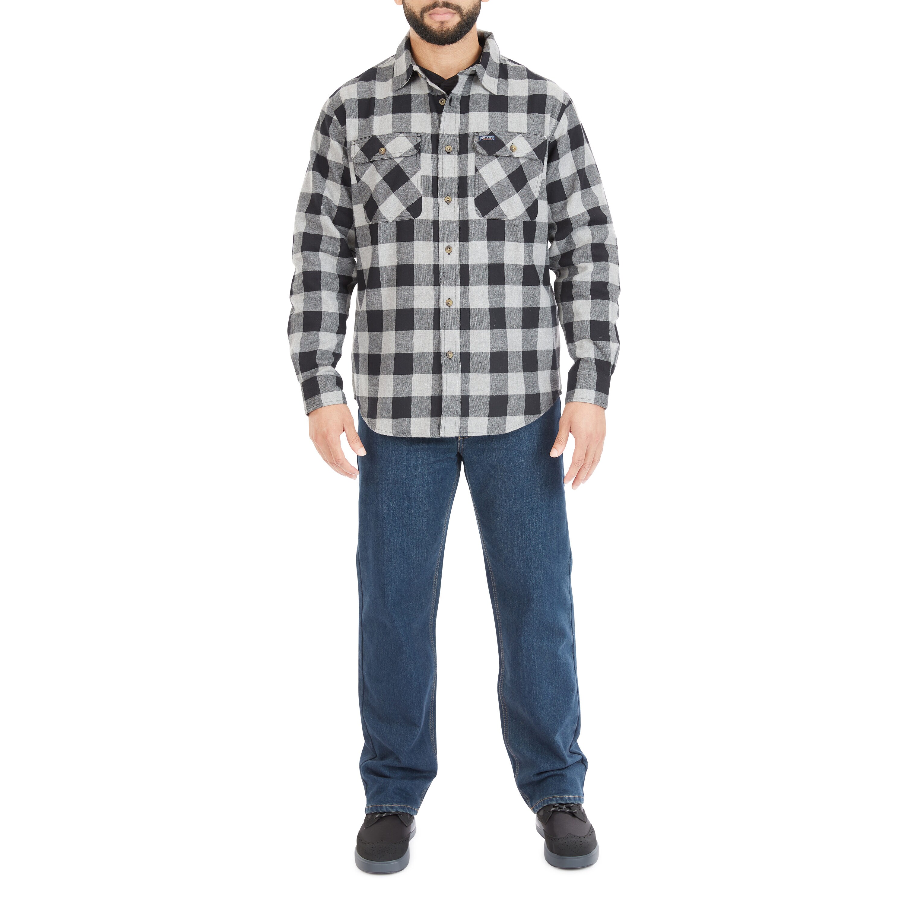 Camisa de botones a cuadros de manga larga gris tejida para hombre de Smith's Workwear (Mediana)