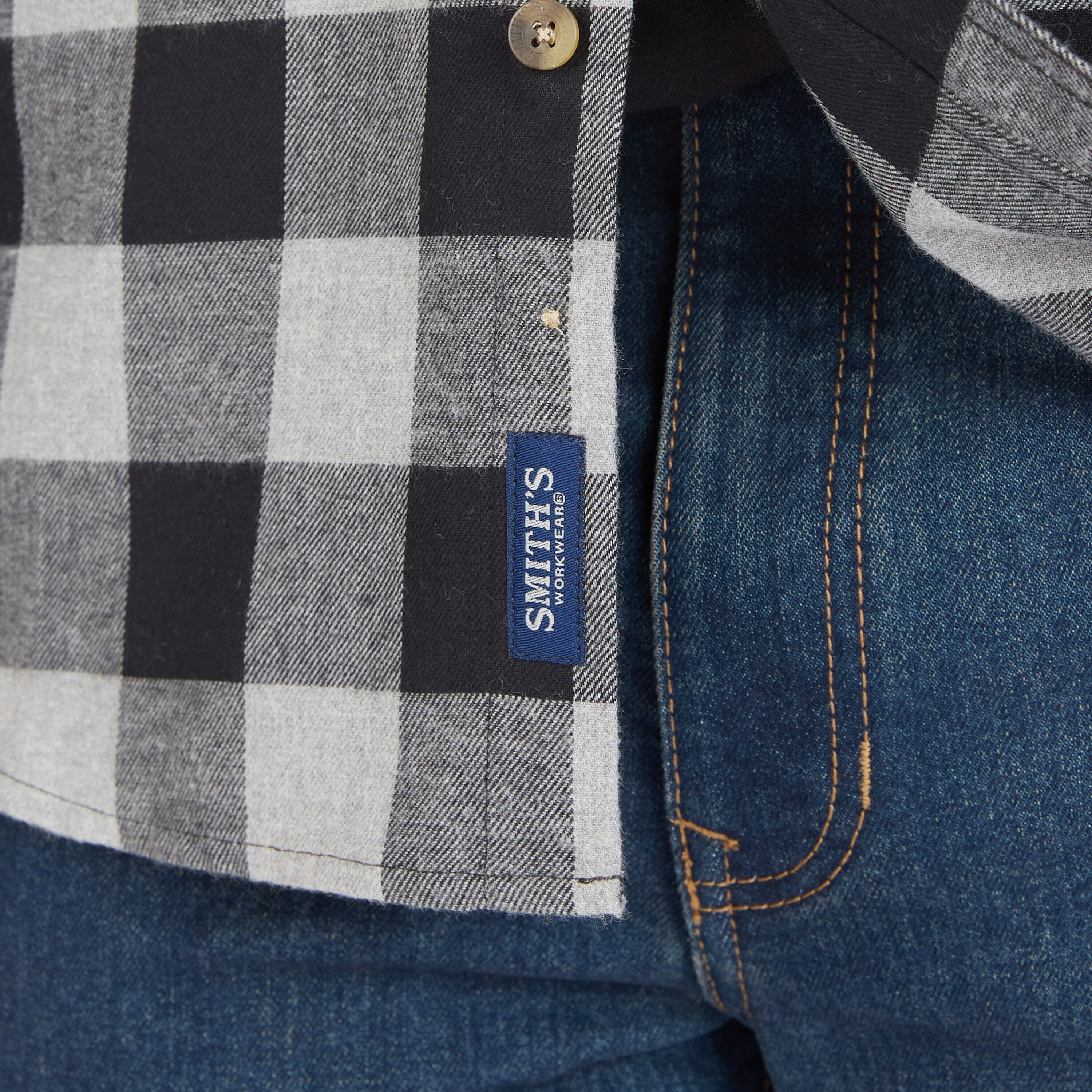 Camisa de botones a cuadros de manga larga gris tejida para hombre de Smith's Workwear (Mediana)
