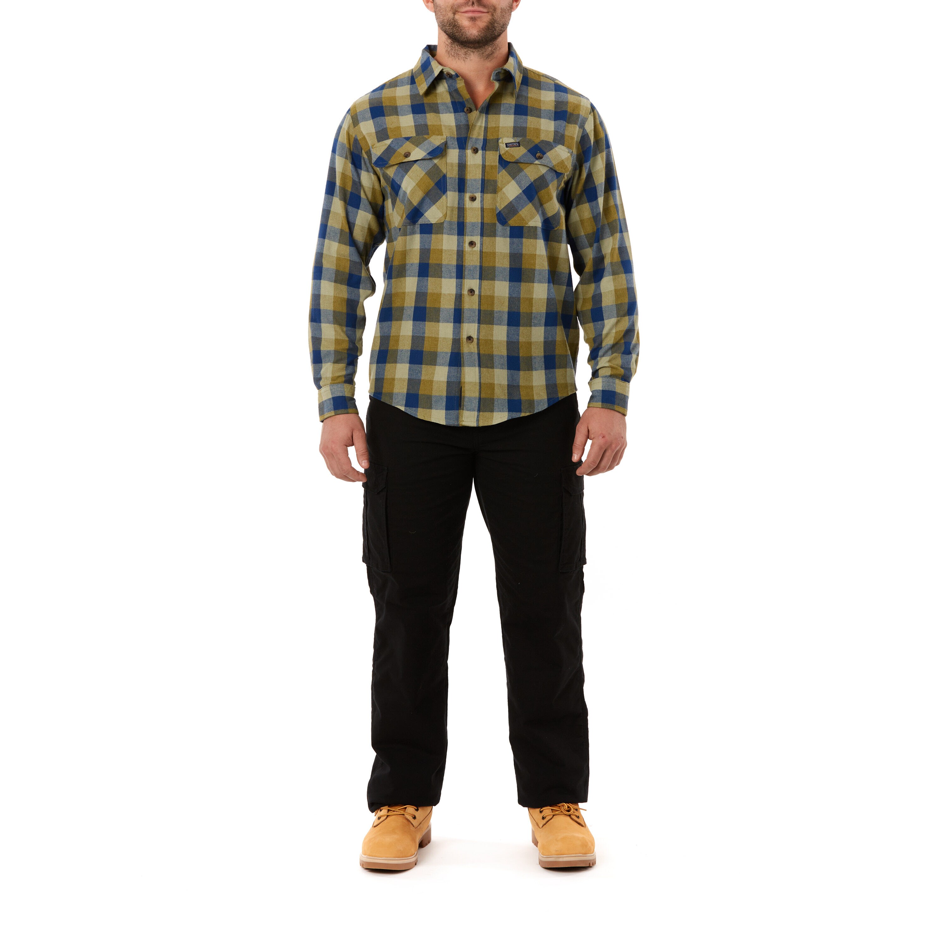Camisa de botón a cuadros de manga larga verde tejida para hombre de Smith's Workwear (Mediana)