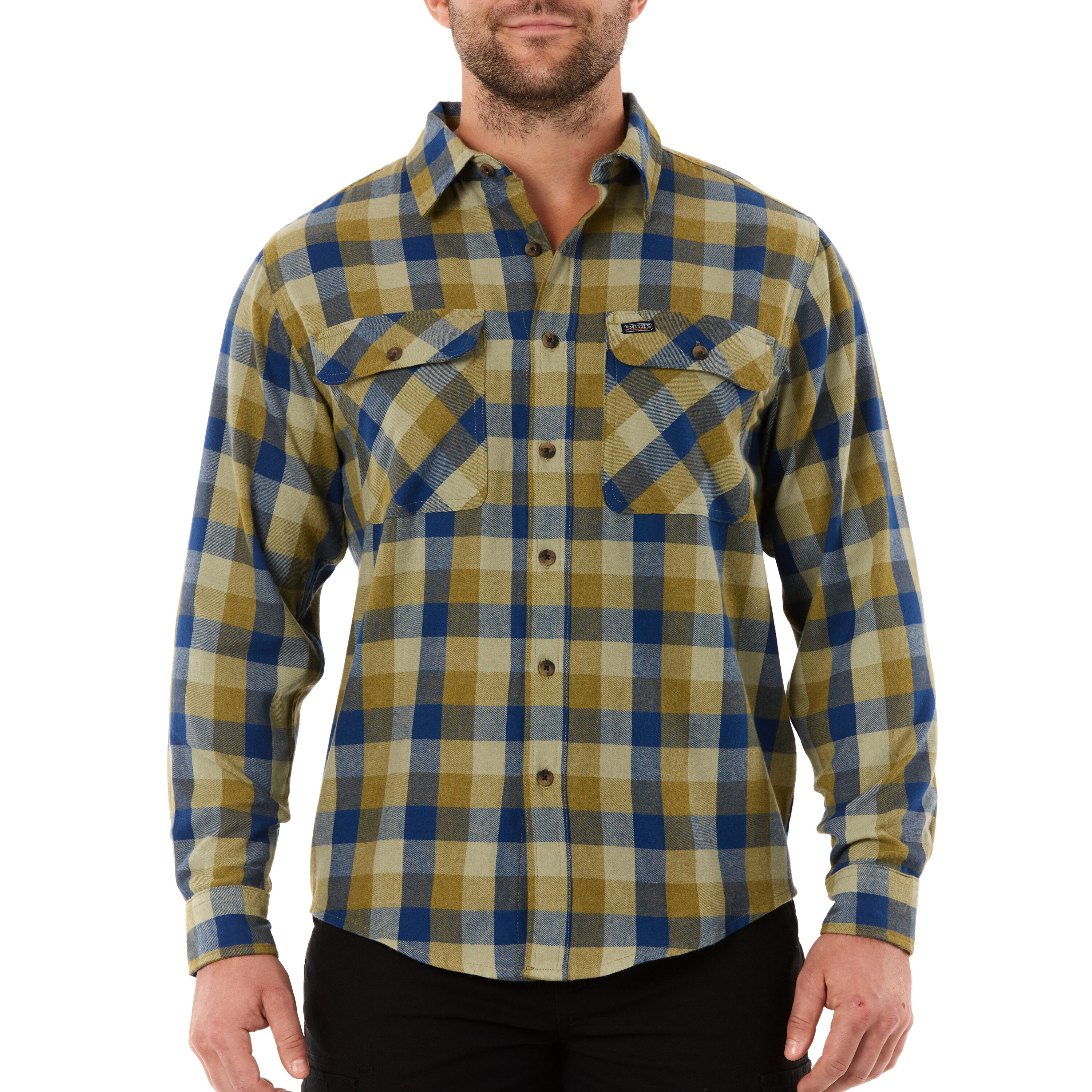 Camisa de botón a cuadros de manga larga verde tejida para hombre de Smith's Workwear (Mediana)