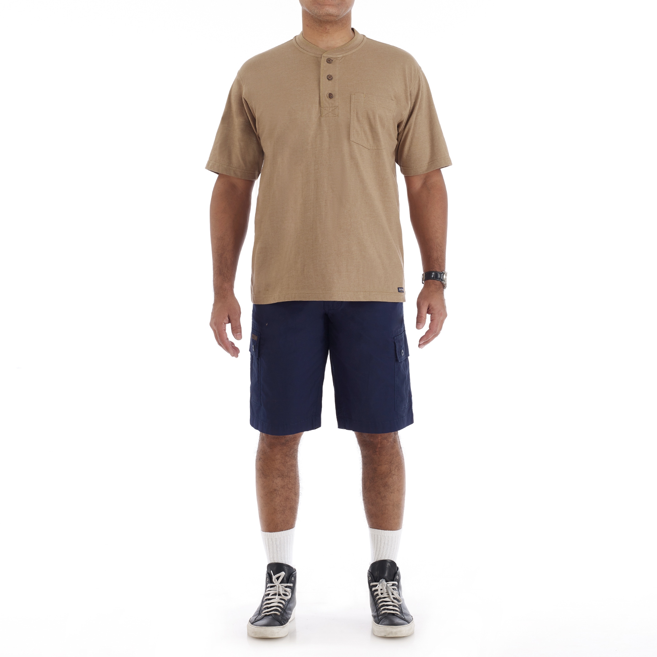 Playera Henley de Punto Café de Manga Corta para Hombre de Smith's Workwear (Talla XL)