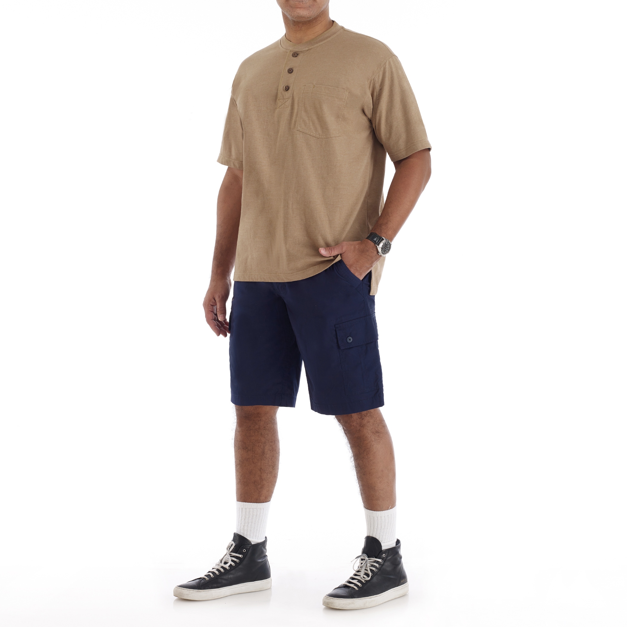 Playera Henley de Punto Café de Manga Corta para Hombre de Smith's Workwear (Talla XL)
