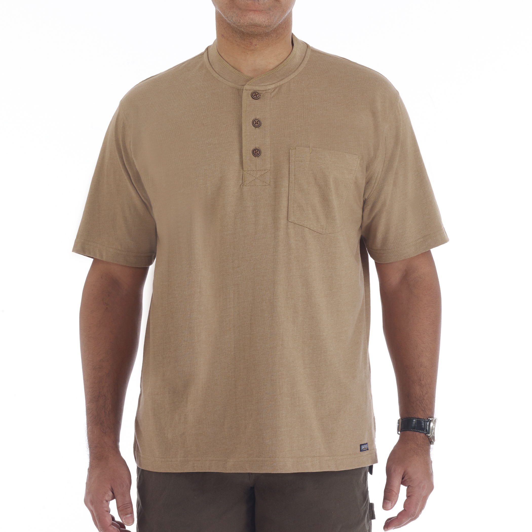 Playera Henley de Punto Café de Manga Corta para Hombre de Smith's Workwear (Talla XL)