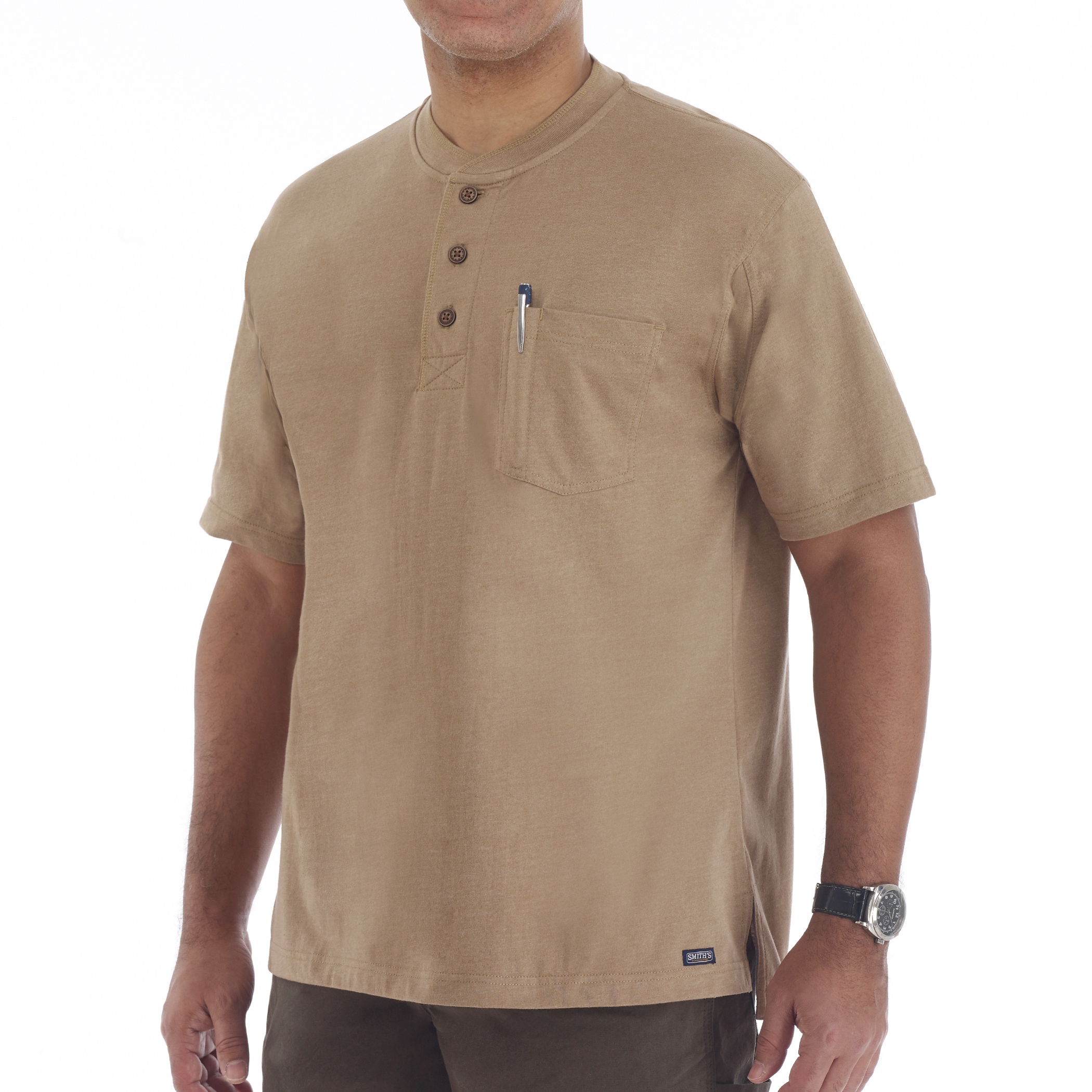 Playera Henley de Punto Café de Manga Corta para Hombre de Smith's Workwear (Talla XL)