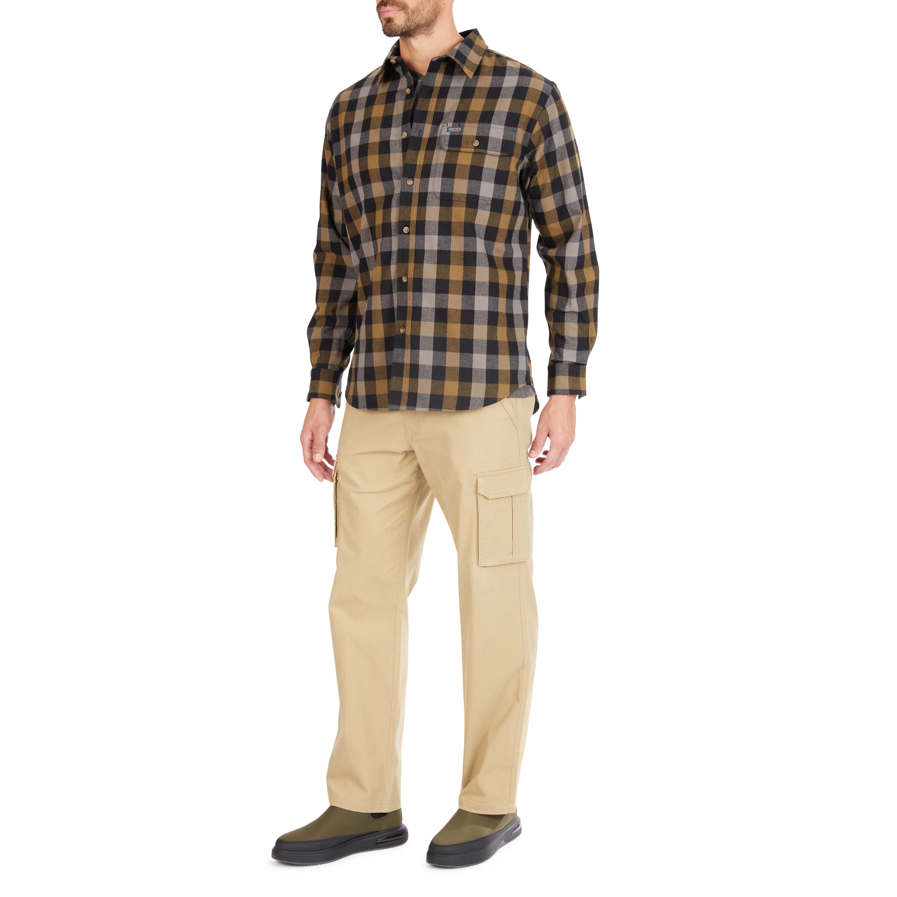 Camisa de botones de cuadros tejida verde de manga larga para hombre de Smith's Workwear (Talla Mediana)