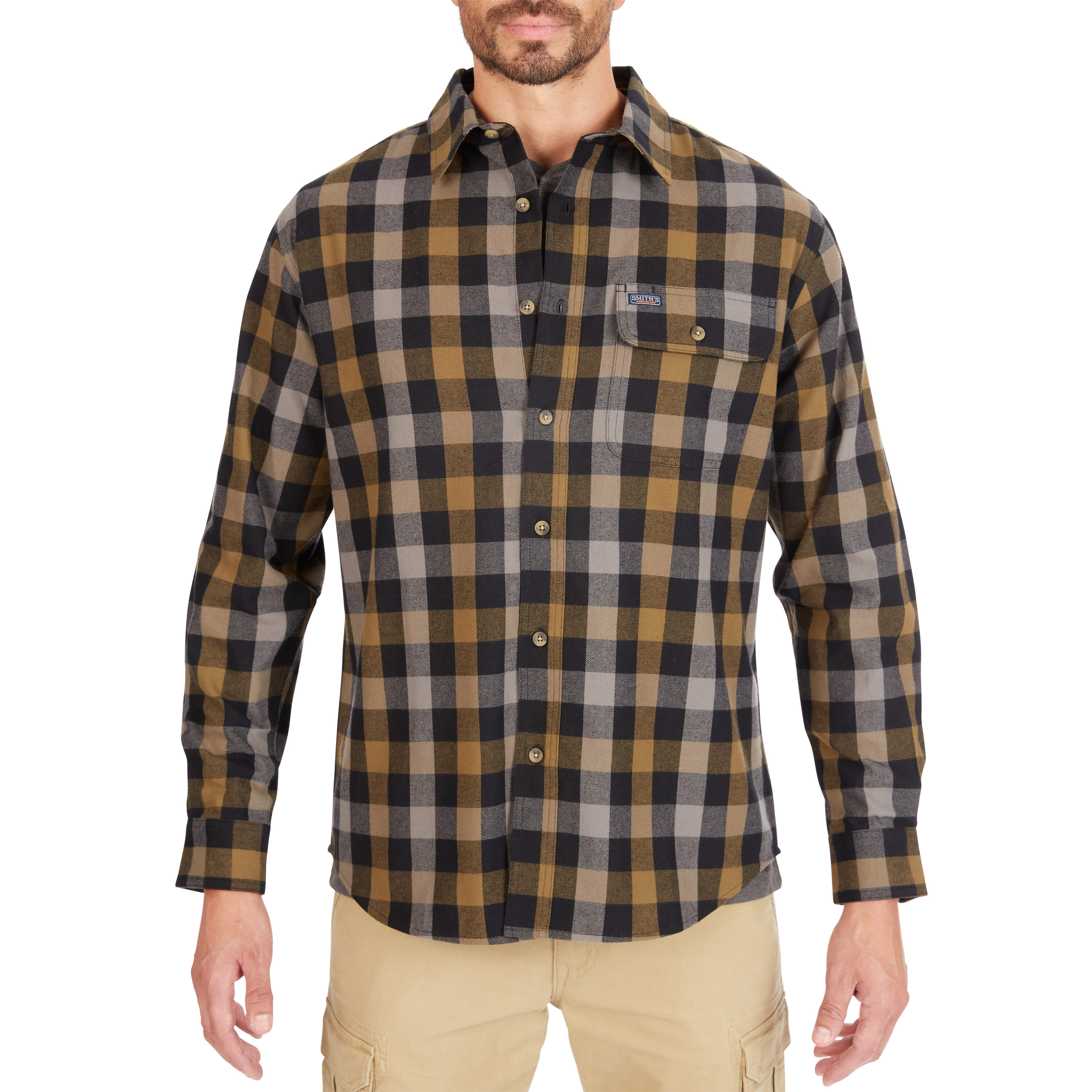 Camisa de botones de cuadros tejida verde de manga larga para hombre de Smith's Workwear (Talla Mediana)