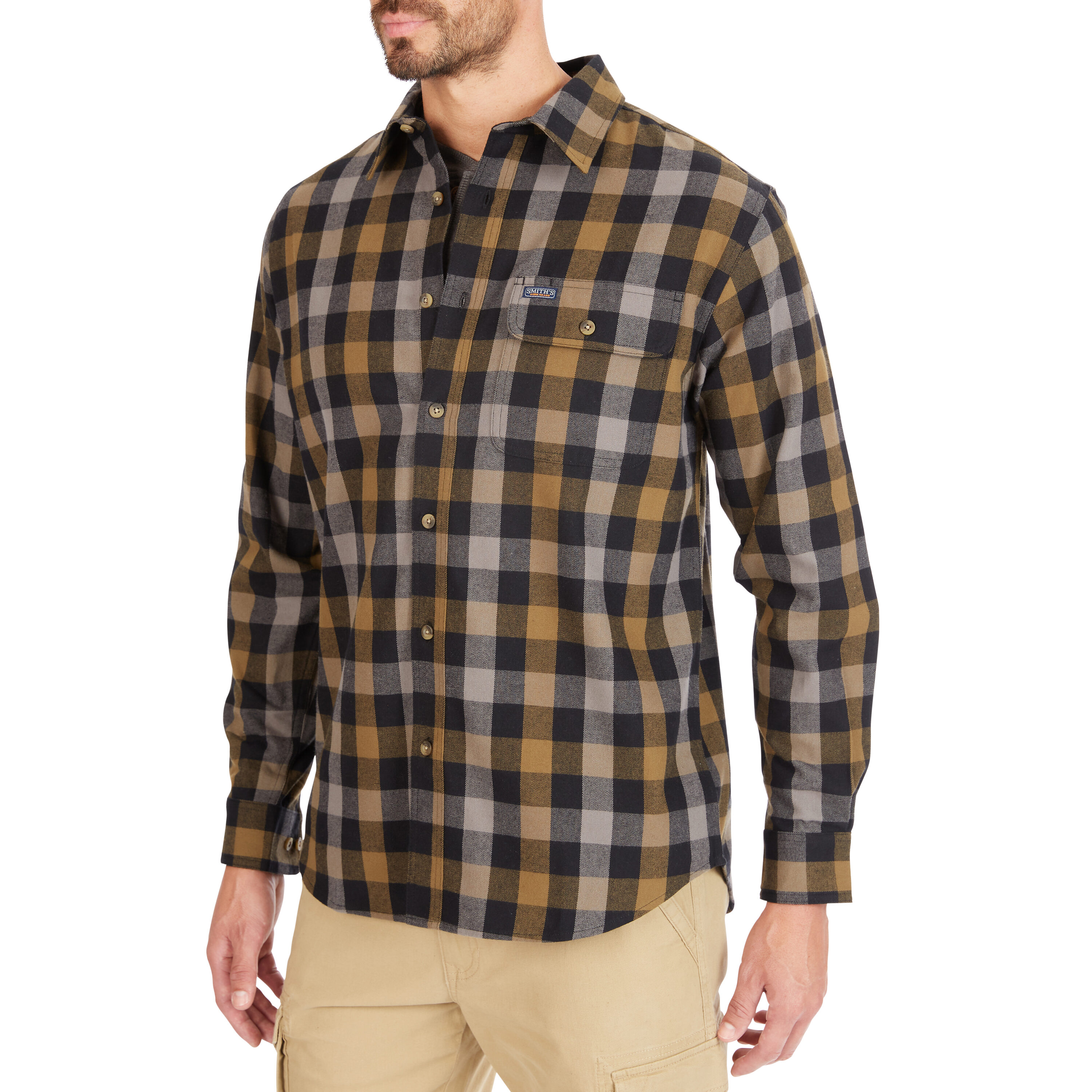 Camisa de botones de cuadros tejida verde de manga larga para hombre de Smith's Workwear (Talla Mediana)