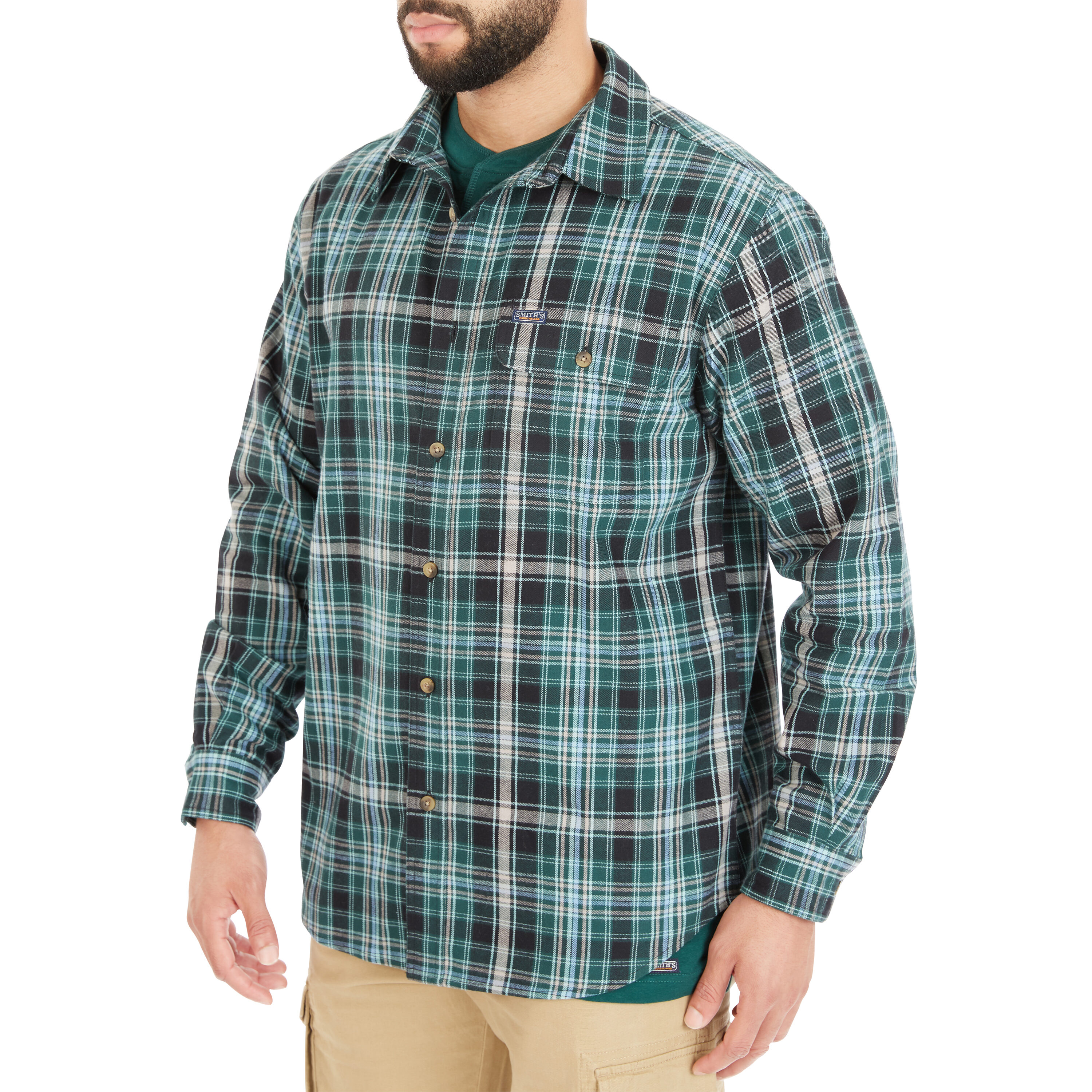 Camisa de botones de manga larga a cuadros verde tejida para hombres de Smith's Workwear (Talla Mediana) SFF566P-TL-M