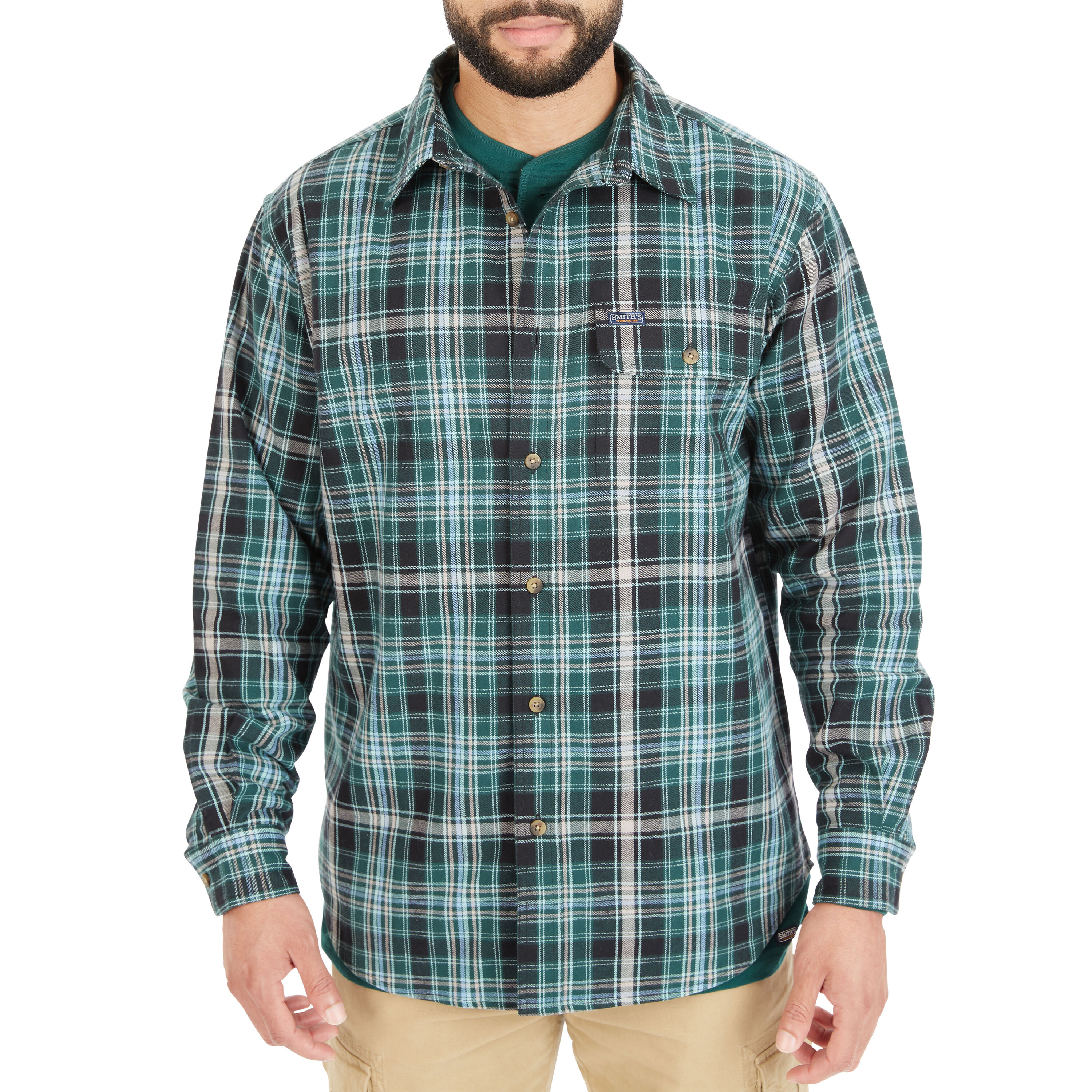 Camisa de botones de manga larga a cuadros verde tejida para hombres de Smith's Workwear (Talla Mediana) SFF566P-TL-M