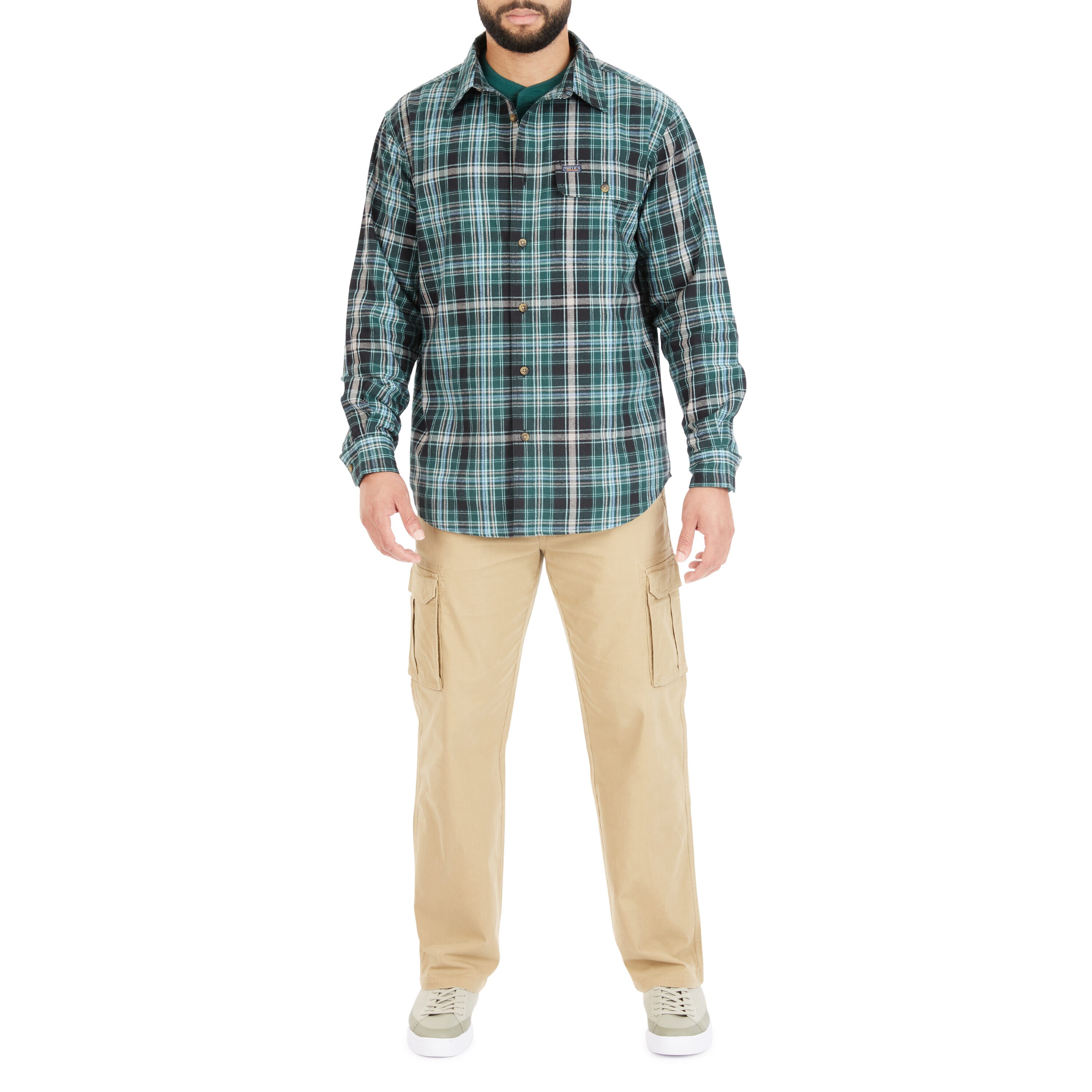 Camisa de botones de manga larga a cuadros verde tejida para hombres de Smith's Workwear (Talla Mediana) SFF566P-TL-M