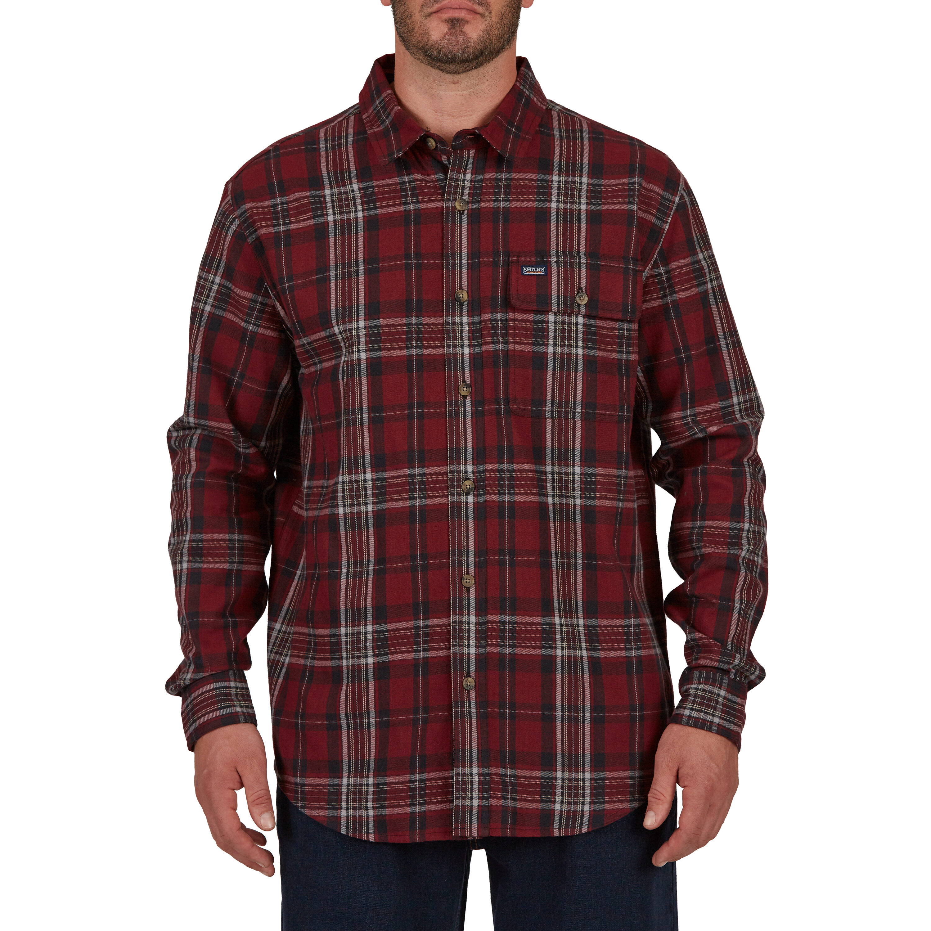 Playera de botones de manga larga a cuadros roja tejida para hombre de Smith's Workwear (talla mediana)