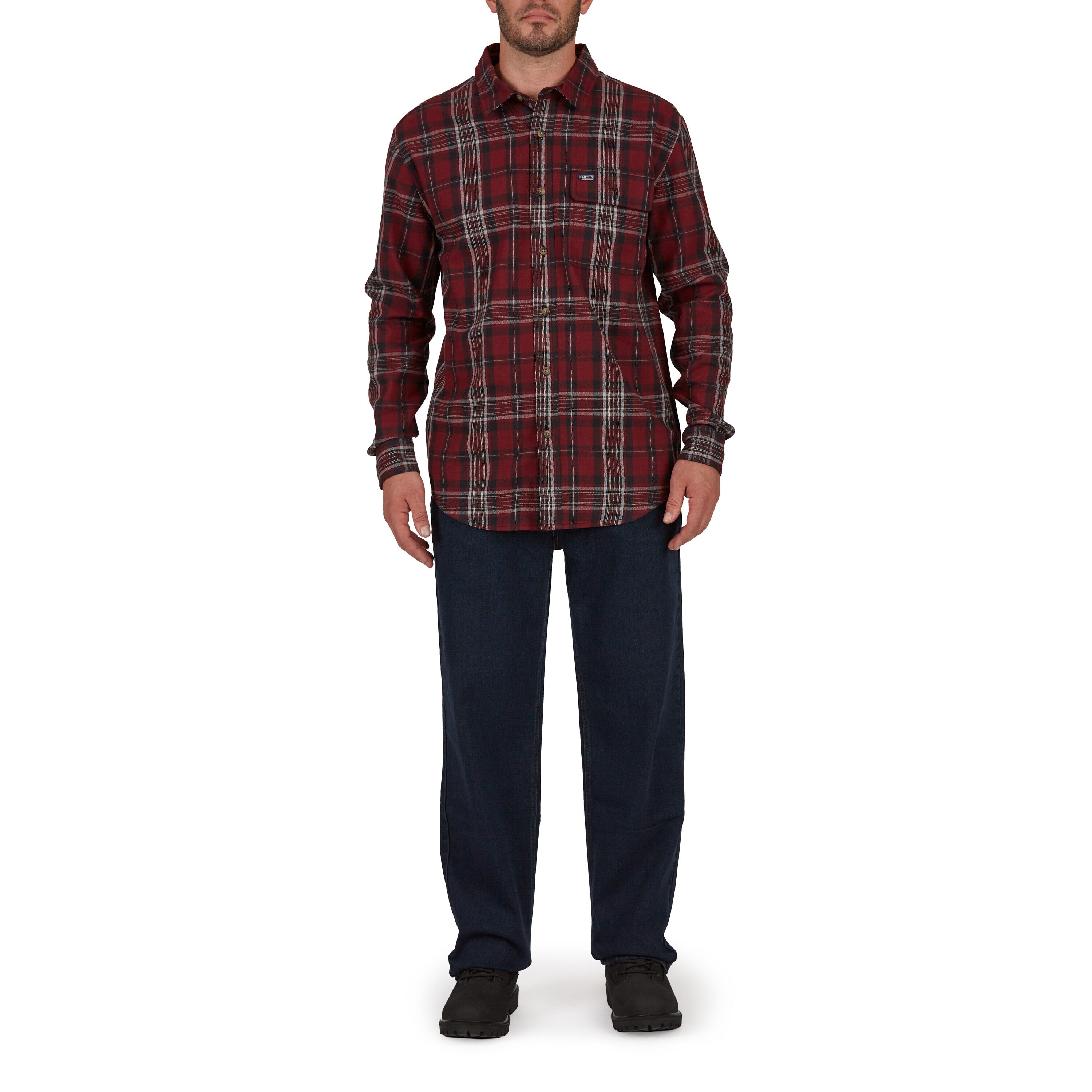 Playera de botones de manga larga a cuadros roja tejida para hombre de Smith's Workwear (talla mediana)