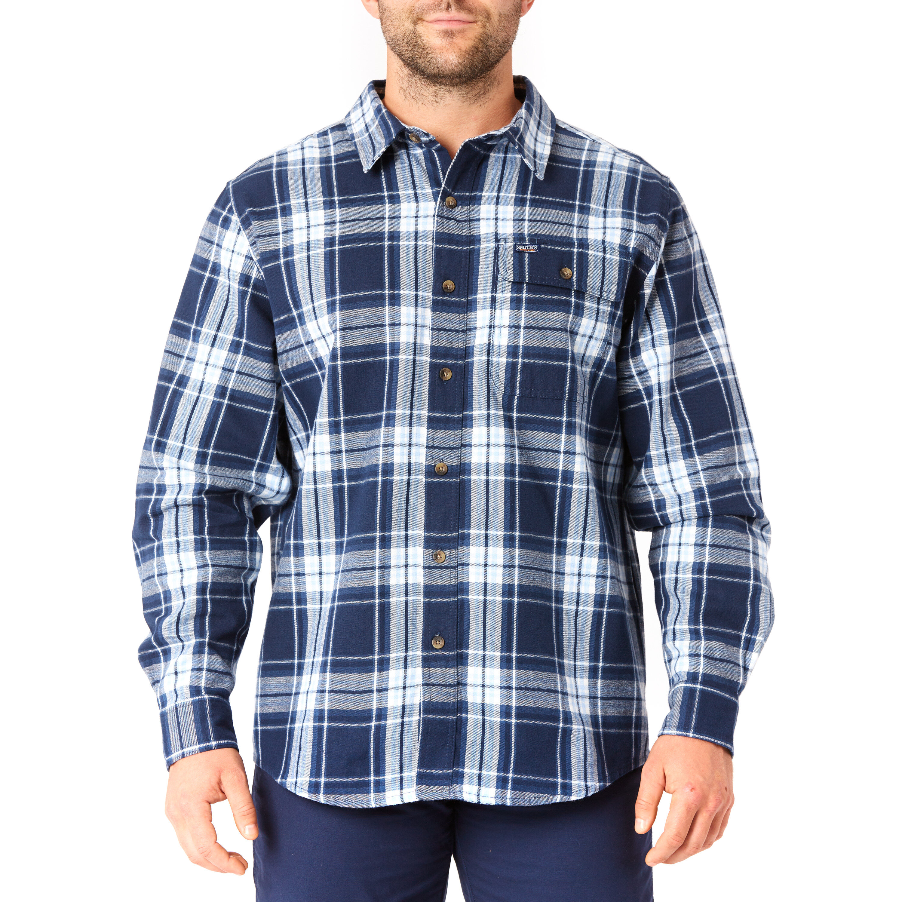 Playera de manga larga a cuadros tejida en azul para hombre de Smith's Workwear (talla mediana)