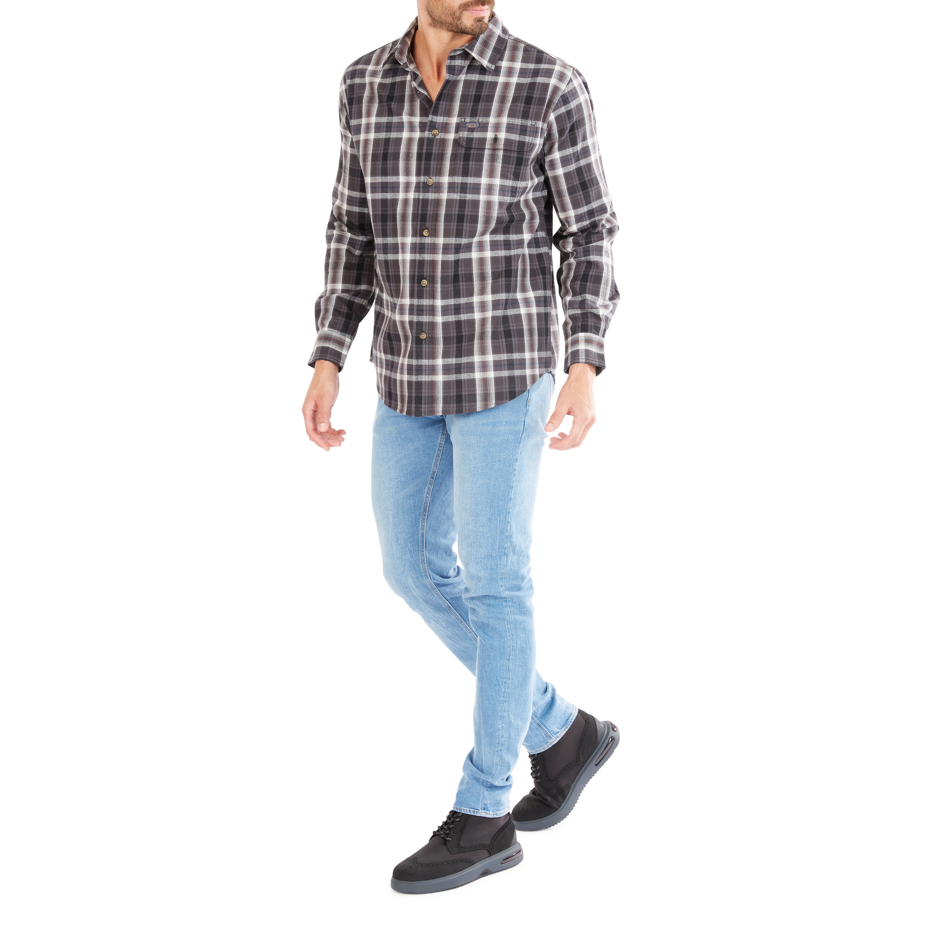 Camisa de botones de manga larga en cuadros tejida gris para hombre de Smith's Workwear (Talla Media)