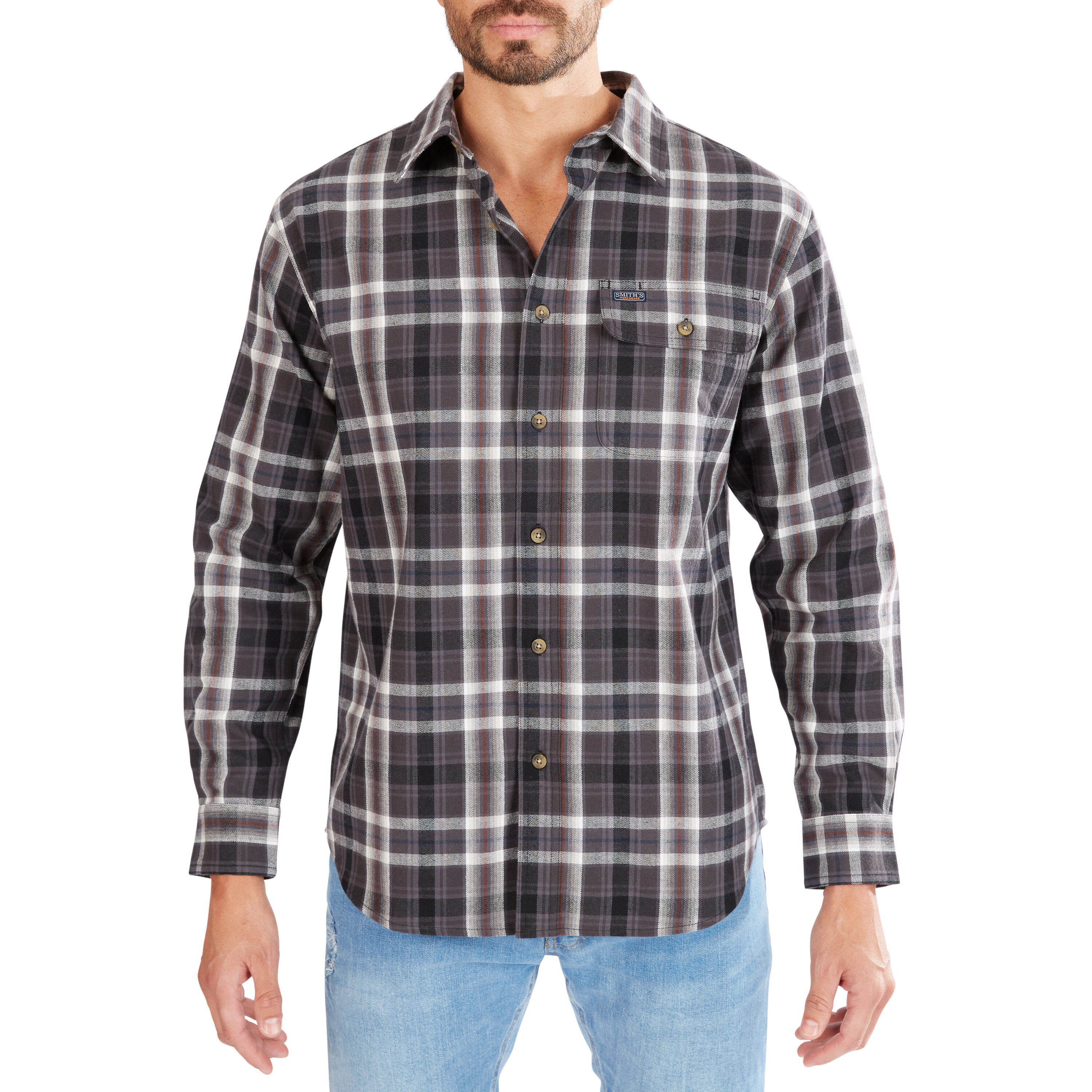 Camisa de botones de manga larga en cuadros tejida gris para hombre de Smith's Workwear (Talla Media)