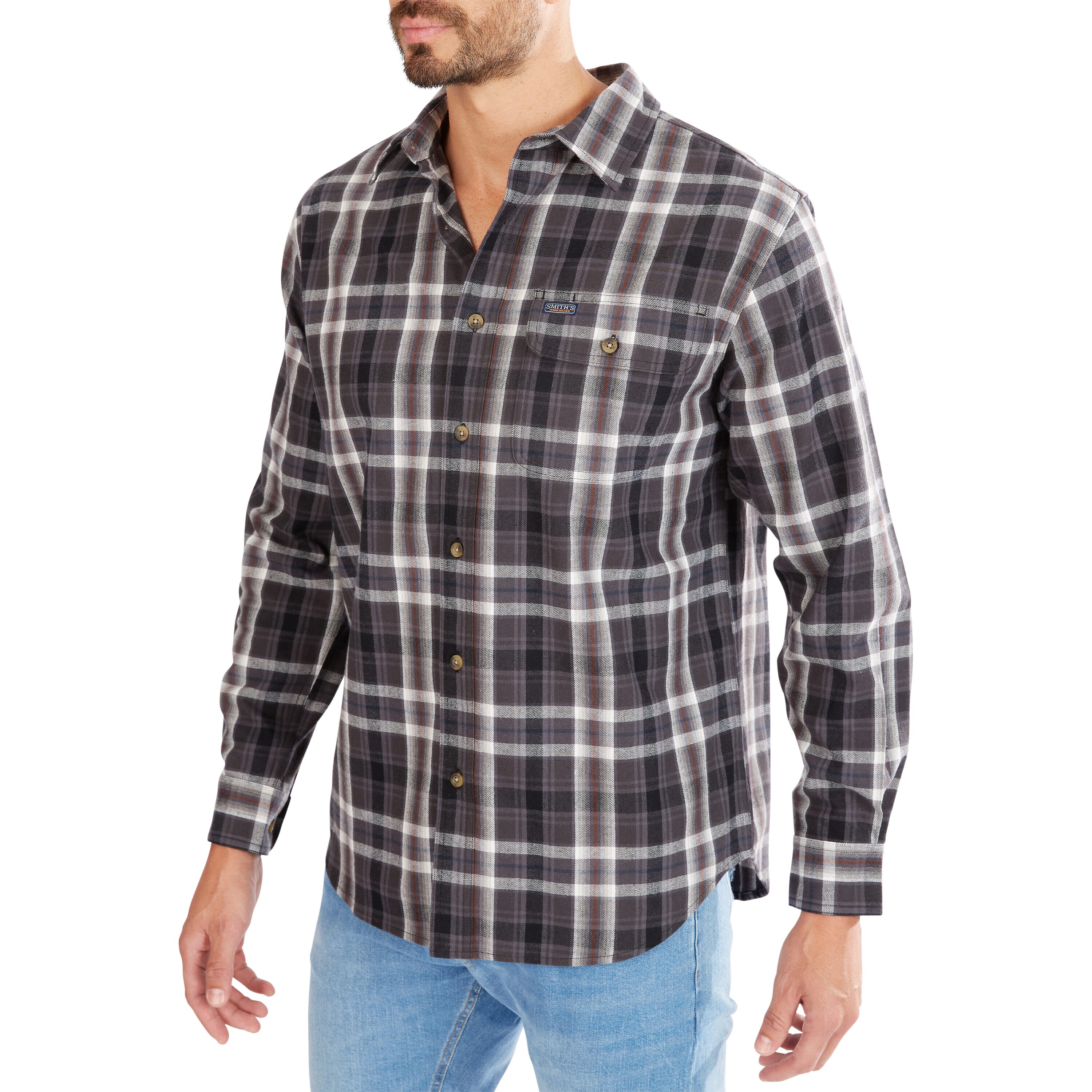 Camisa de botones de manga larga en cuadros tejida gris para hombre de Smith's Workwear (Talla Media)