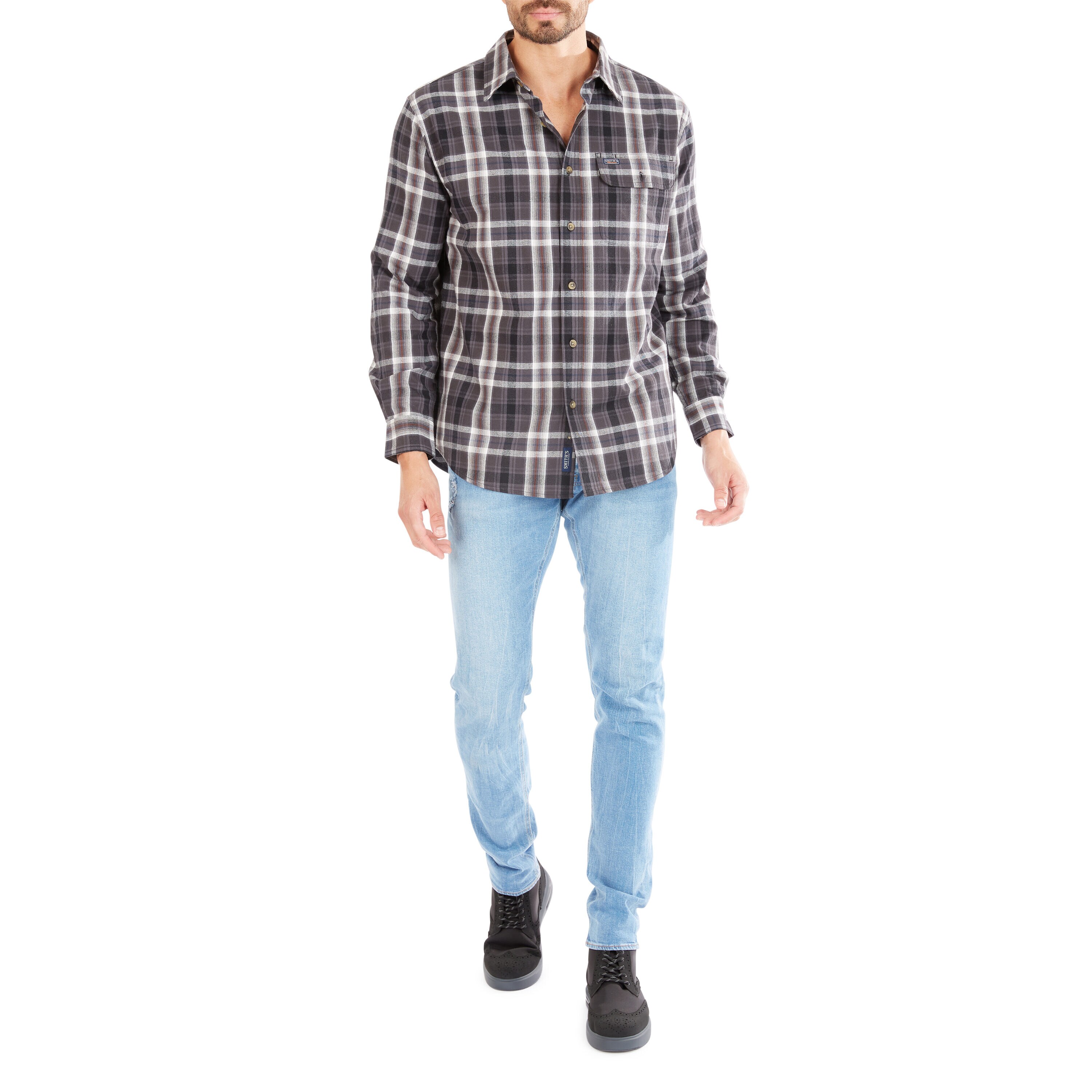 Camisa de botones de manga larga en cuadros tejida gris para hombre de Smith's Workwear (Talla Media)