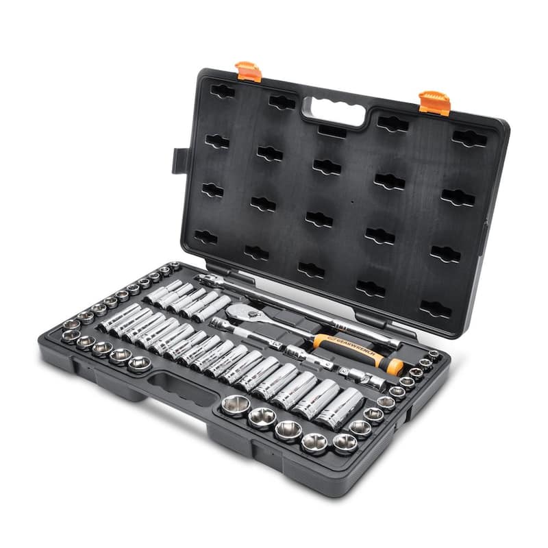 Juego de herramientas mecánicas GEARWRENCH de 1/2 pulgadas con 90 dientes, puntas estándar y profundas de 6 puntos, estándar y métrico (53 piezas) - 85869