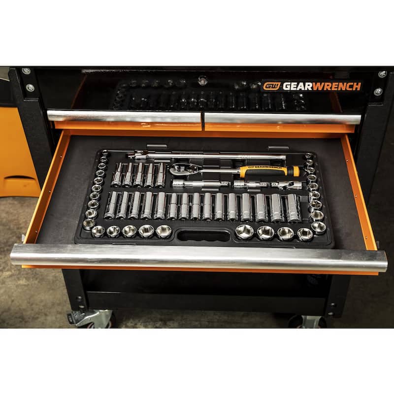 Juego de herramientas mecánicas GEARWRENCH de 1/2 pulgadas con 90 dientes, puntas estándar y profundas de 6 puntos, estándar y métrico (53 piezas) - 85869