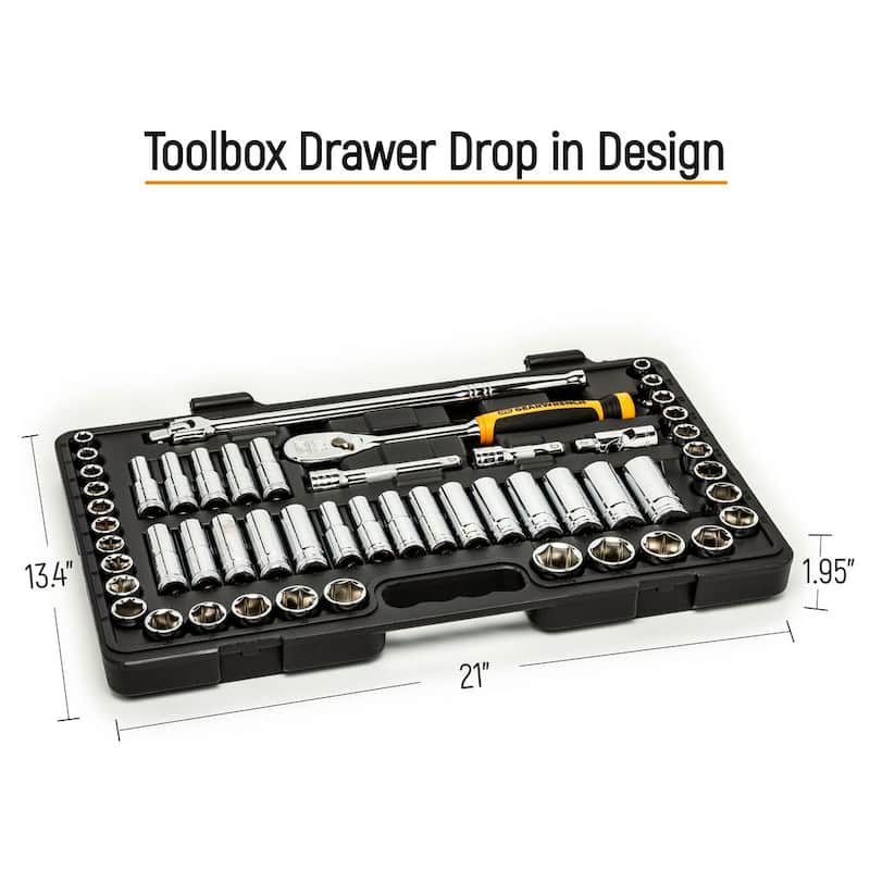 Juego de herramientas mecánicas GEARWRENCH de 1/2 pulgadas con 90 dientes, puntas estándar y profundas de 6 puntos, estándar y métrico (53 piezas) - 85869