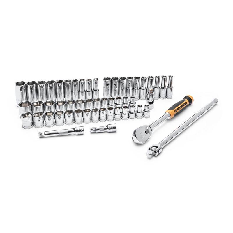 Juego de herramientas mecánicas GEARWRENCH de 1/2 pulgadas con 90 dientes, puntas estándar y profundas de 6 puntos, estándar y métrico (53 piezas) - 85869