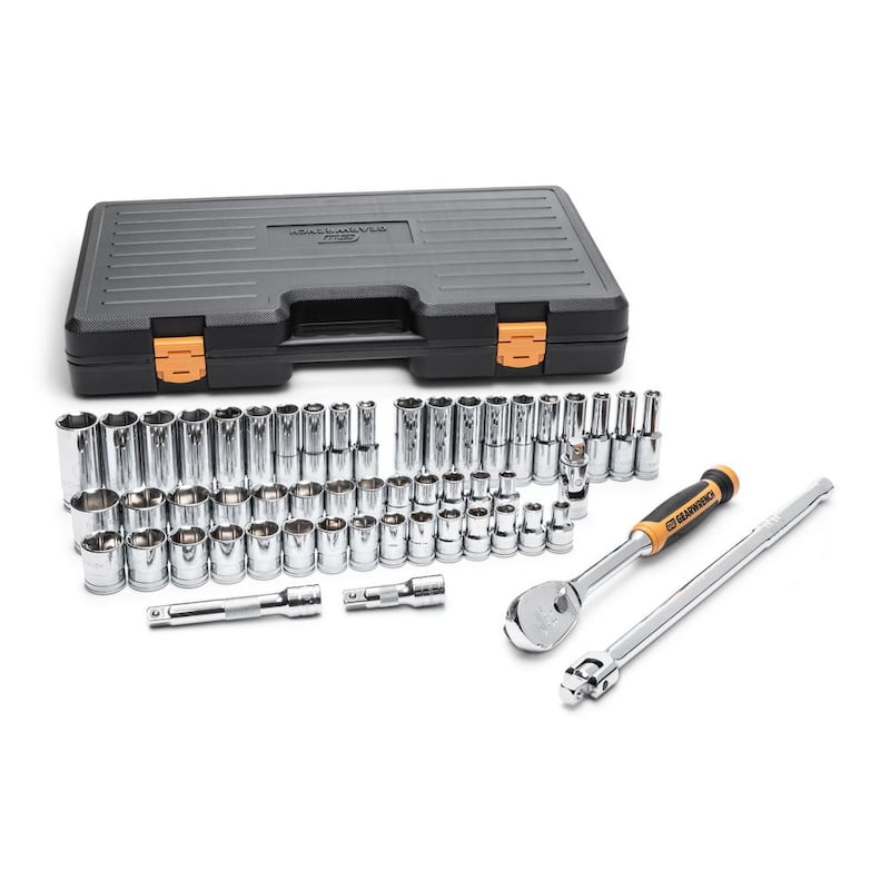 Juego de herramientas mecánicas GEARWRENCH de 1/2 pulgadas con 90 dientes, puntas estándar y profundas de 6 puntos, estándar y métrico (53 piezas) - 85869