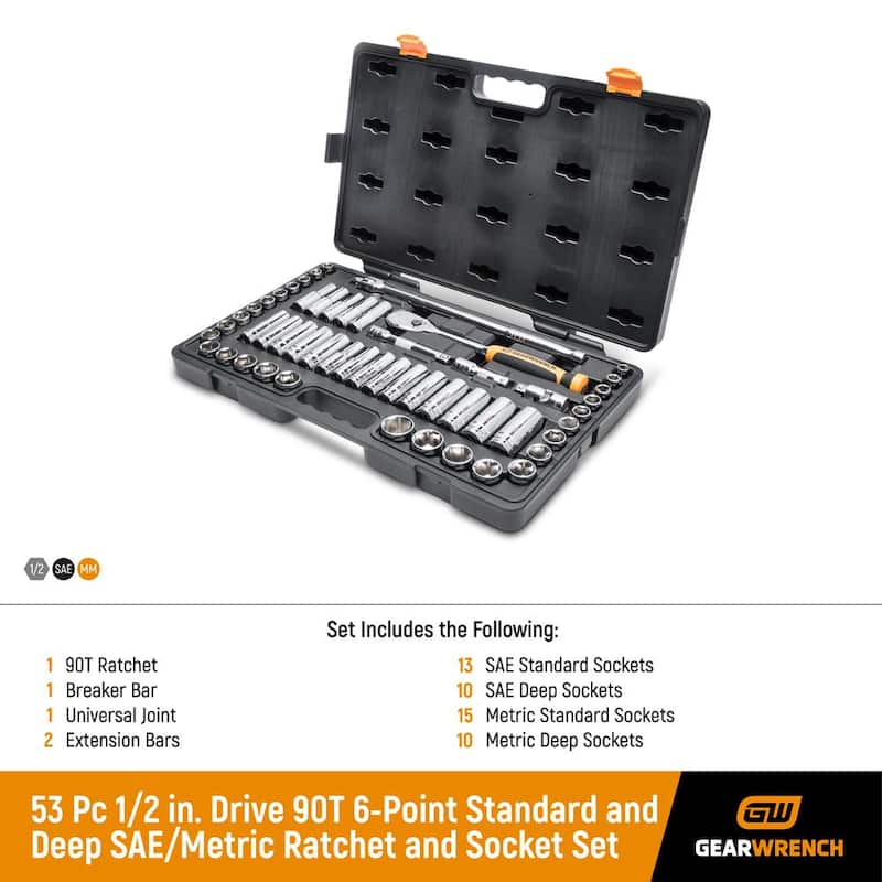 Juego de herramientas mecánicas GEARWRENCH de 1/2 pulgadas con 90 dientes, puntas estándar y profundas de 6 puntos, estándar y métrico (53 piezas) - 85869