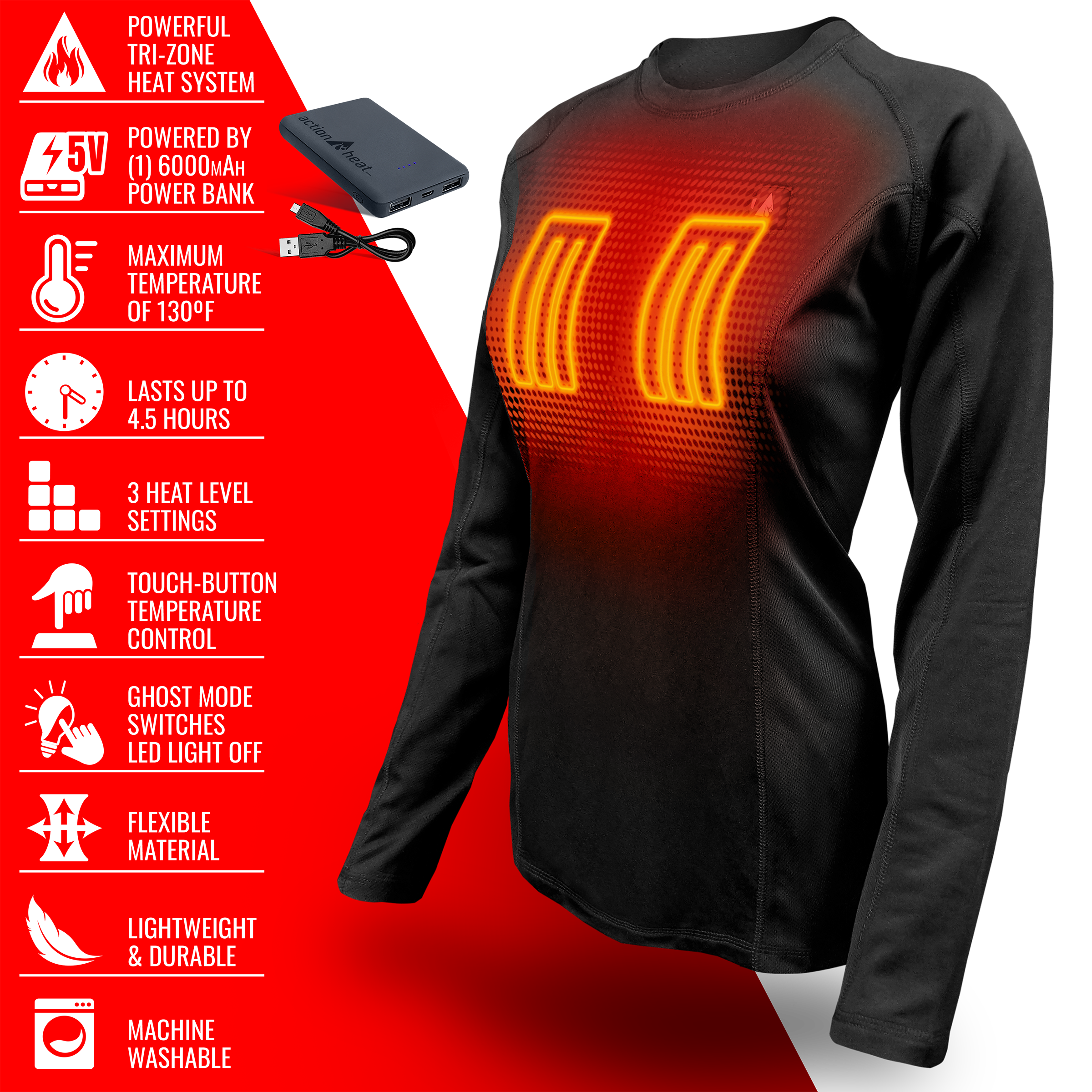 Playera térmica de manga larga tejida para mujer en color negro de ActionHeat (talla XL)