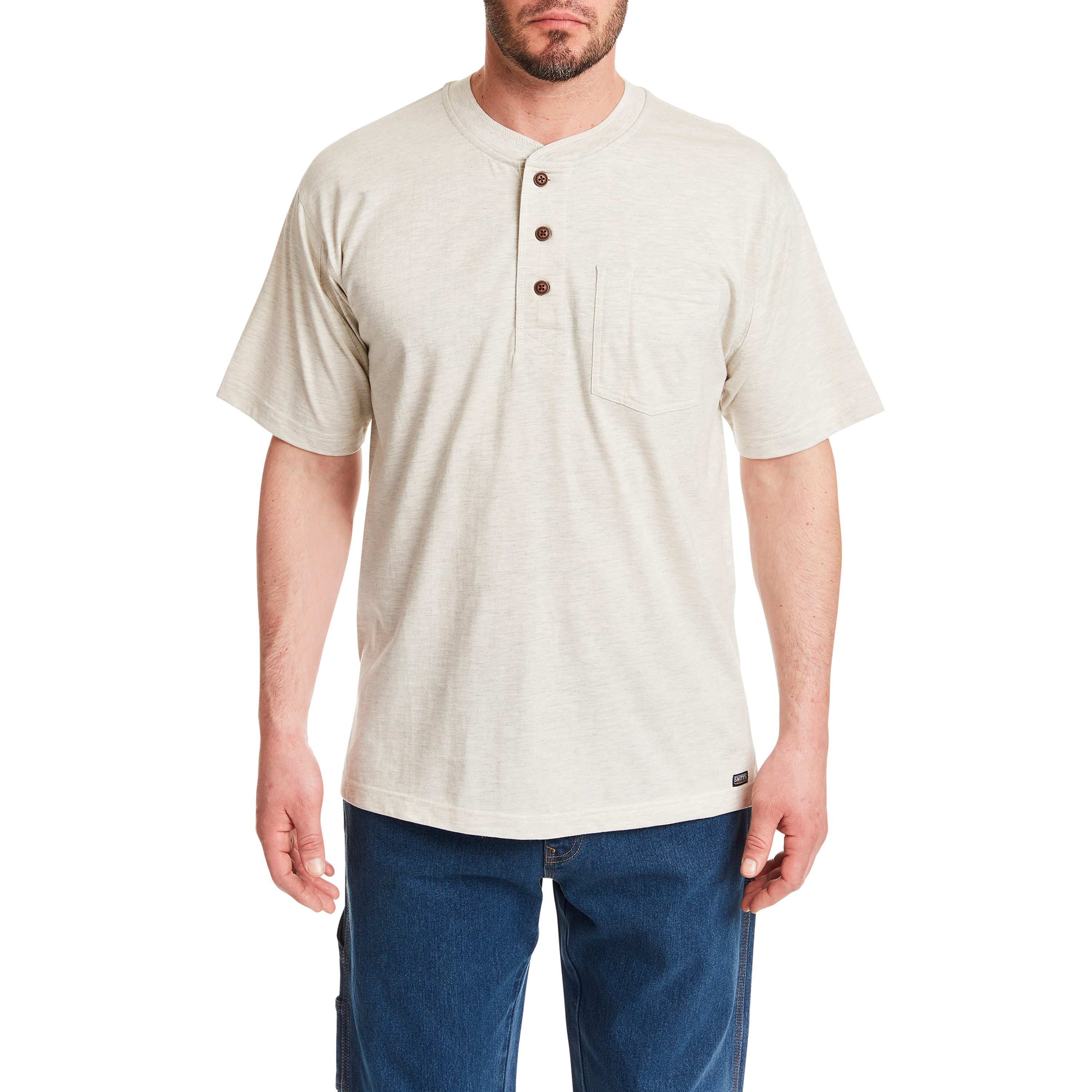 Playera Henley sólida de manga corta en punto café para hombre de Smith's Workwear (Talla Grande)