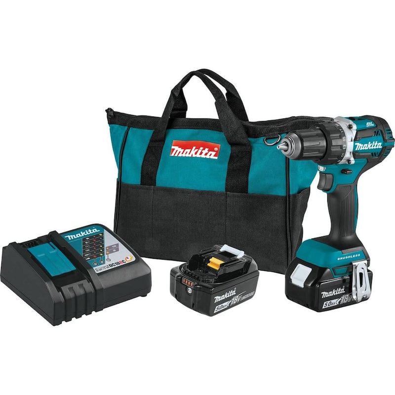 Makita 18V LXT Taladro de Destornillador Inalámbrico Compacto con Motor sin Escobillas de Litio-Ion de 1/2 pulg. Kit con Dos Baterías de 5.0 Ah, Cargador, Bolsa - XFD12T
