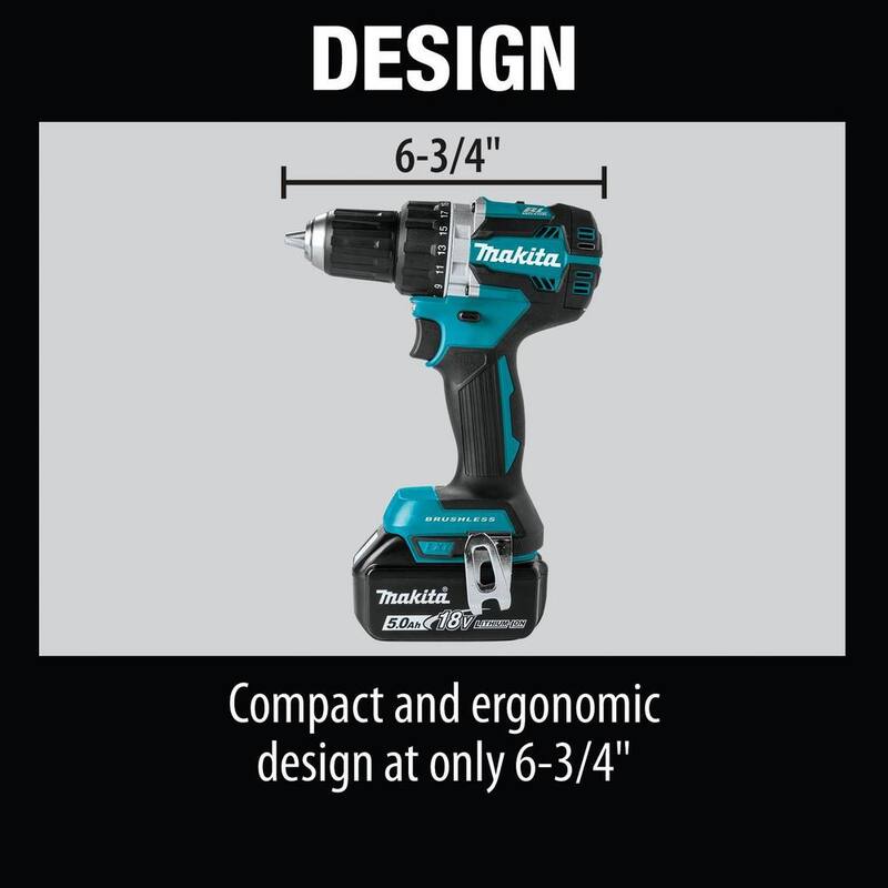 Makita 18V LXT Taladro de Destornillador Inalámbrico Compacto con Motor sin Escobillas de Litio-Ion de 1/2 pulg. Kit con Dos Baterías de 5.0 Ah, Cargador, Bolsa - XFD12T