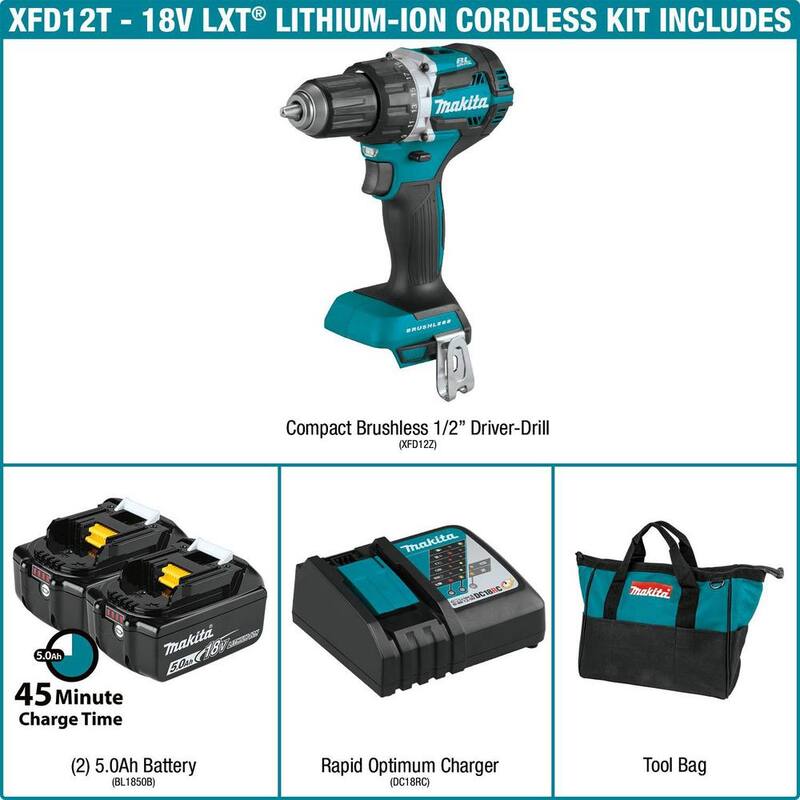 Makita 18V LXT Taladro de Destornillador Inalámbrico Compacto con Motor sin Escobillas de Litio-Ion de 1/2 pulg. Kit con Dos Baterías de 5.0 Ah, Cargador, Bolsa - XFD12T